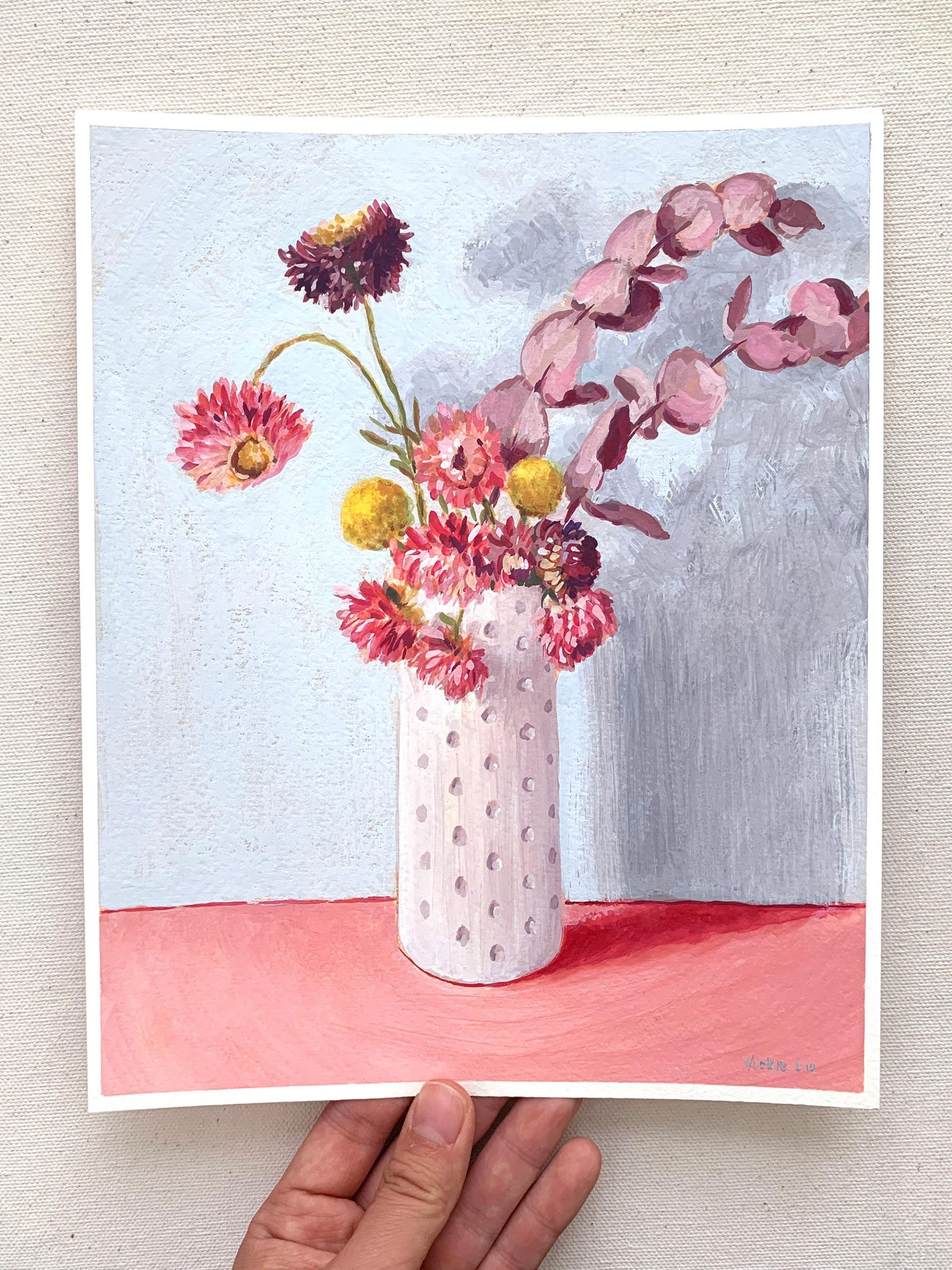 Vickie Liu Paper Daisy Gum And Billy Buttons On Pink Still Life 20x25cm Overall