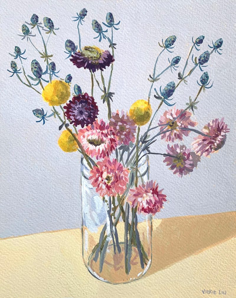 Paper Daisy, Billy Button and Thistle Bouquet Still Life
