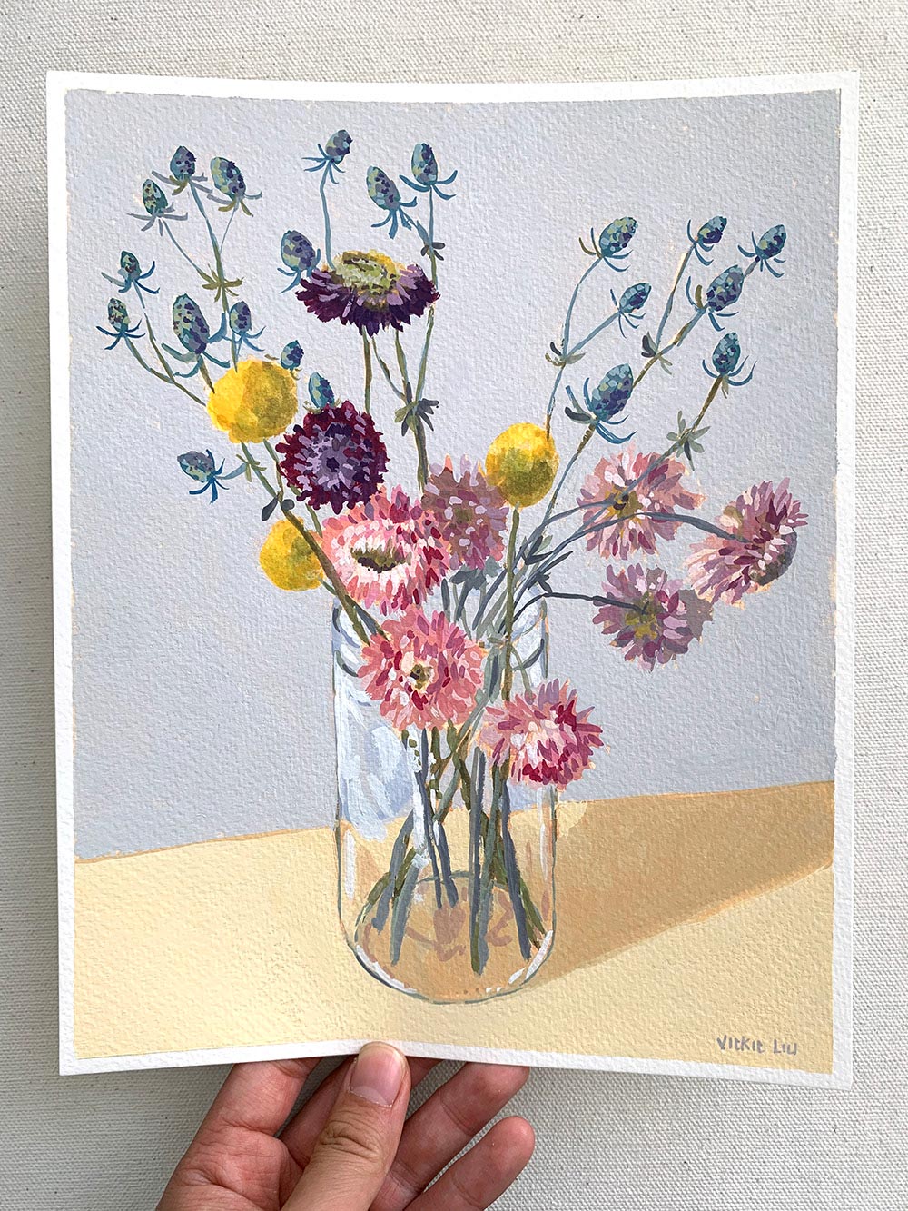 Vickie Liu Paper Daisy Billy Button And Thistle Bouquet Still Life 20x25cm Overall