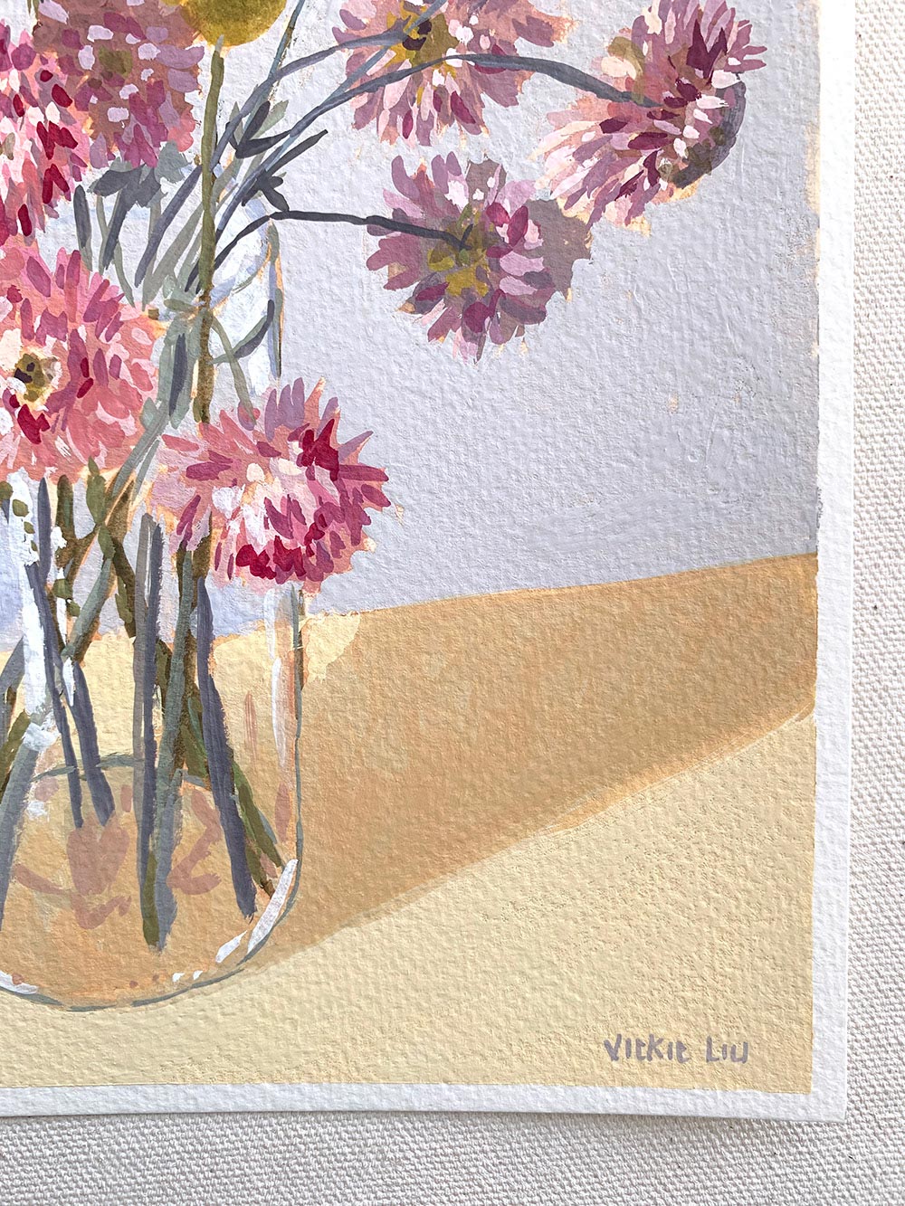 Vickie Liu Paper Daisy Billy Button And Thistle Bouquet Still Life 20x25cm Signature