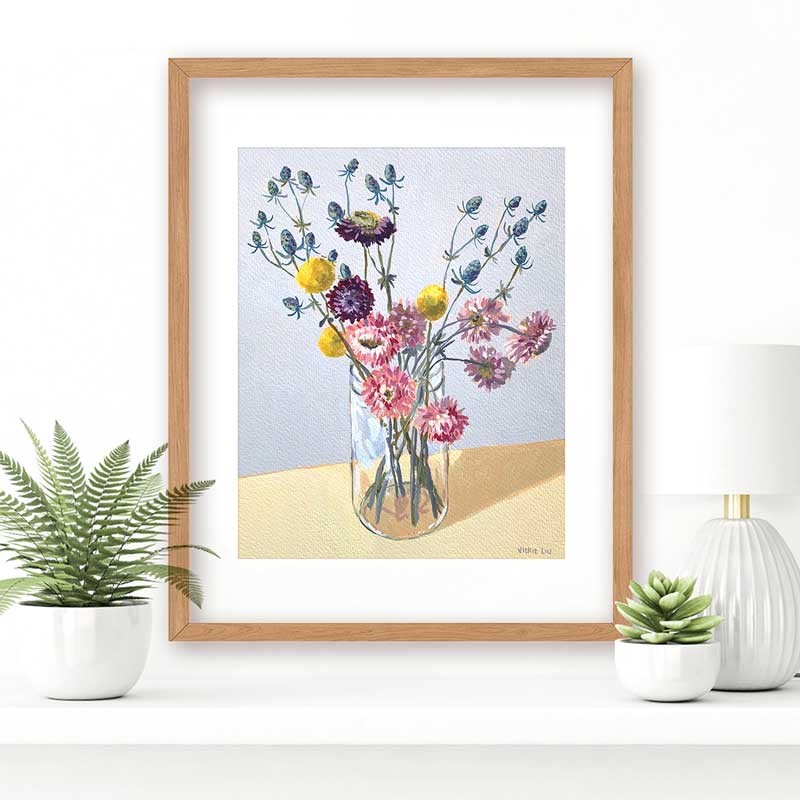 Paper Daisy, Billy Button And Thistle Bouquet Still Life Painting Frame Mockup