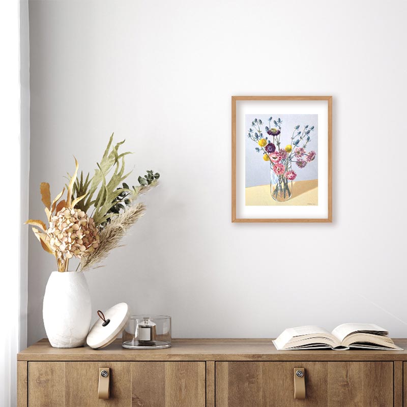 Paper Daisy, Billy Button And Thistle Bouquet Still Life Painting Frame Mockup 2