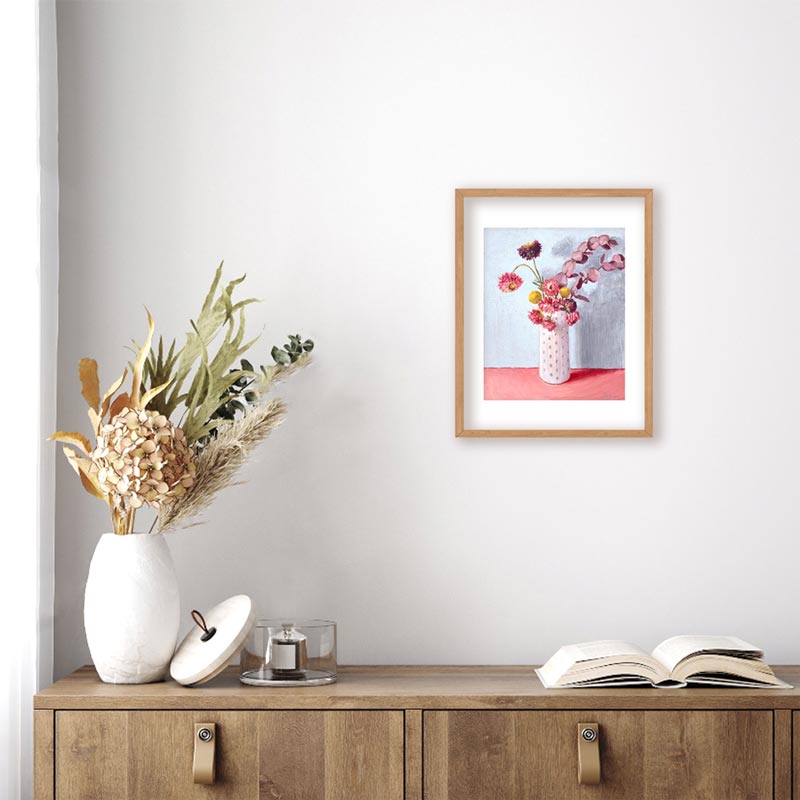 Paper Daisy Gum And Billy Buttons On Pink Still Life Painting Frame Mockup