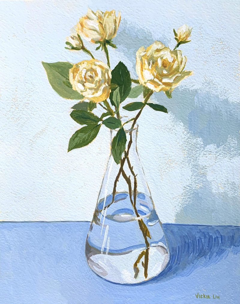 White Roses in Flask on Blue Still Life