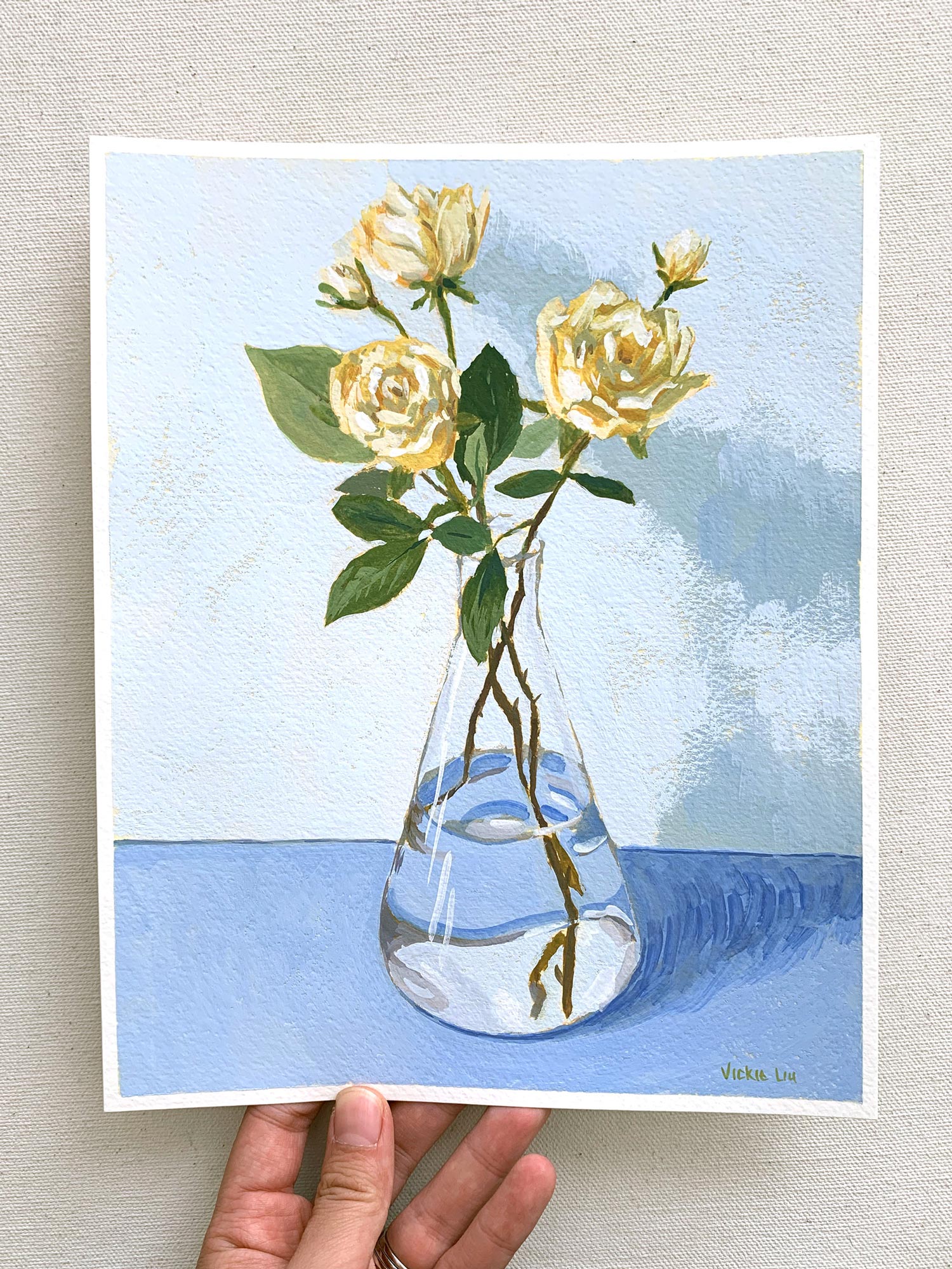 Vickie Liu White Roses In Flask On Blue Still Life 20x25cm Overall