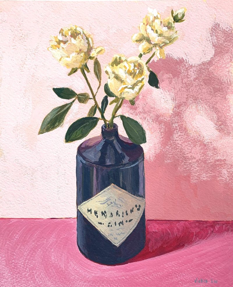 Gin and Roses on Pink Still Life