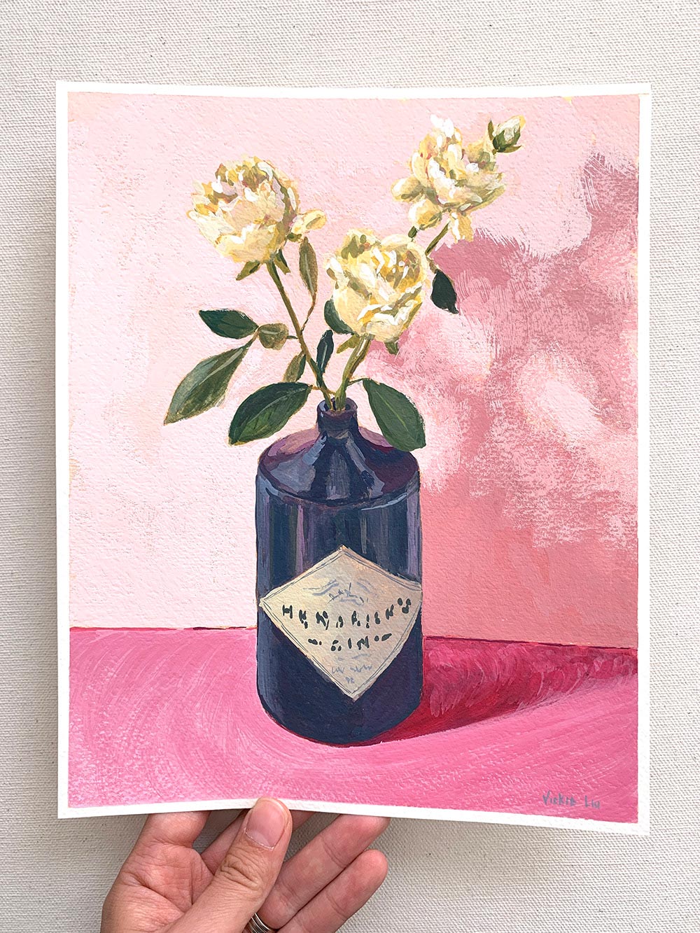 Vickie Liu Gin And Roses On Pink Still Life 20x25cm Overall