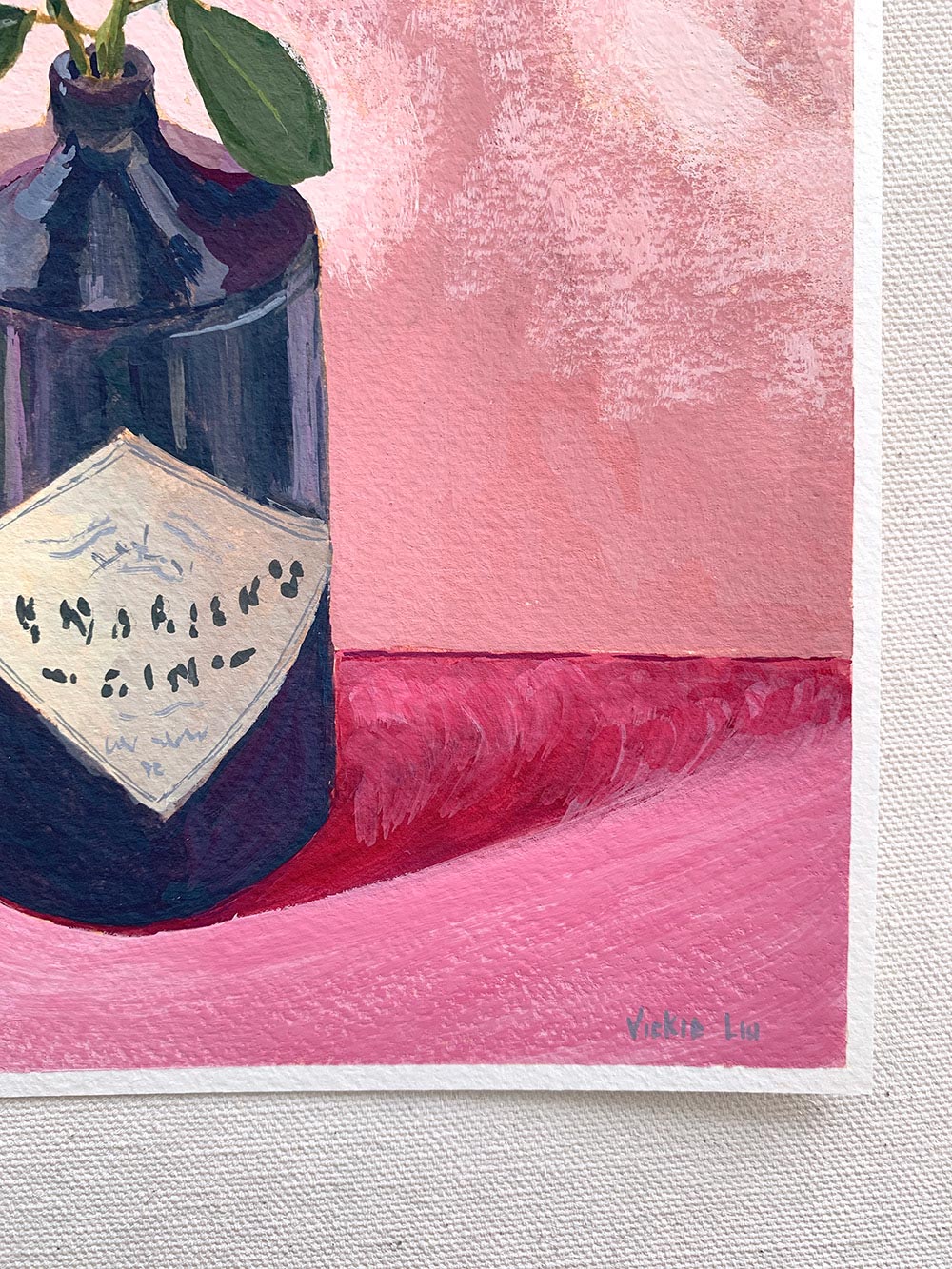 Vickie Liu Gin And Roses On Pink Still Life 20x25cm Signature