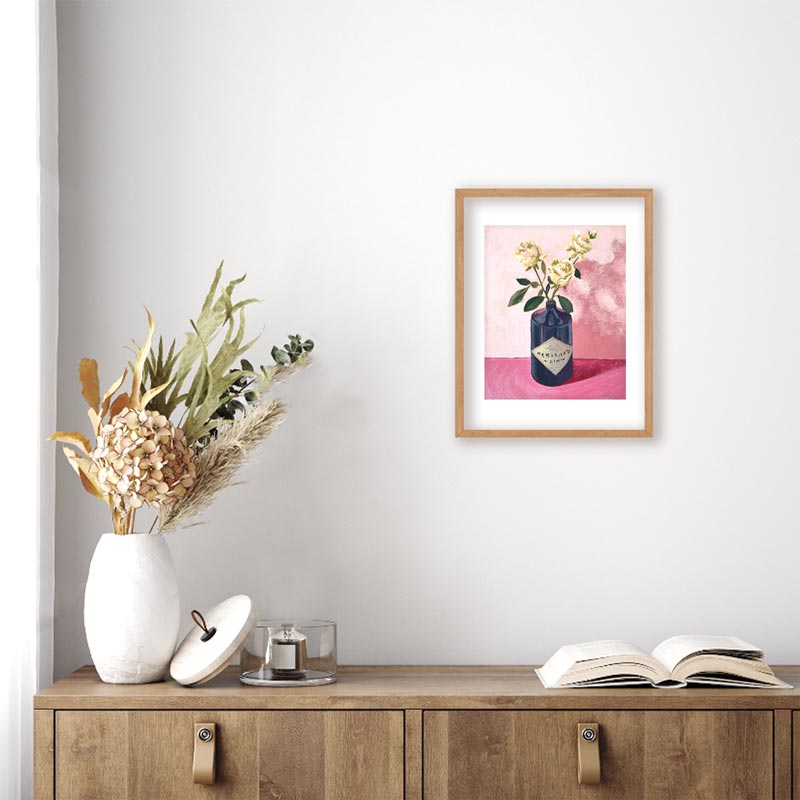 Gin And Roses On Pink Still Life Painting Frame Mockup 2