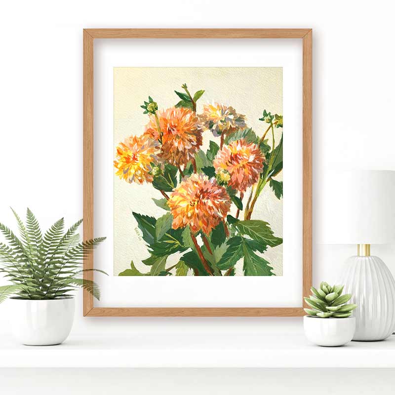 Dancing Dahlias Orange And Gold Bouquet Painting Frame Mockup