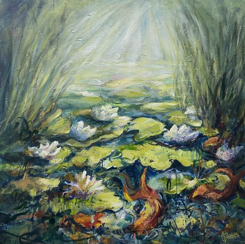 Waterlilies and koi fish in the pond