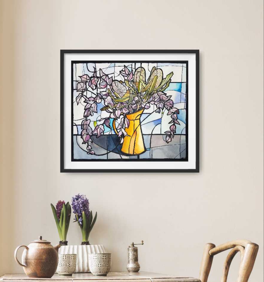 Banksia In Yellow Jug By Nicola Cowie In Situ