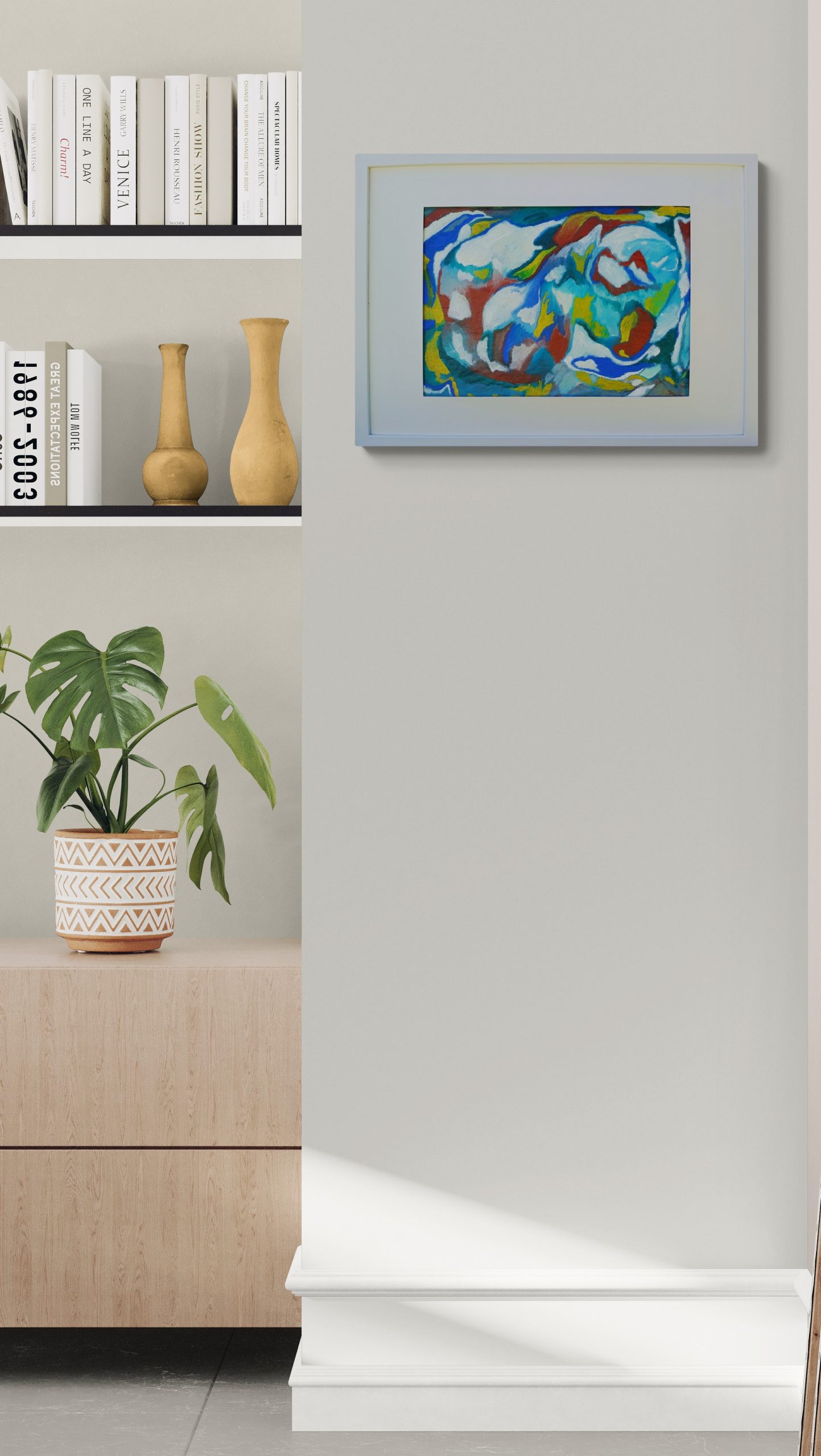 Living Room Corner With A Cabinet And Shelving