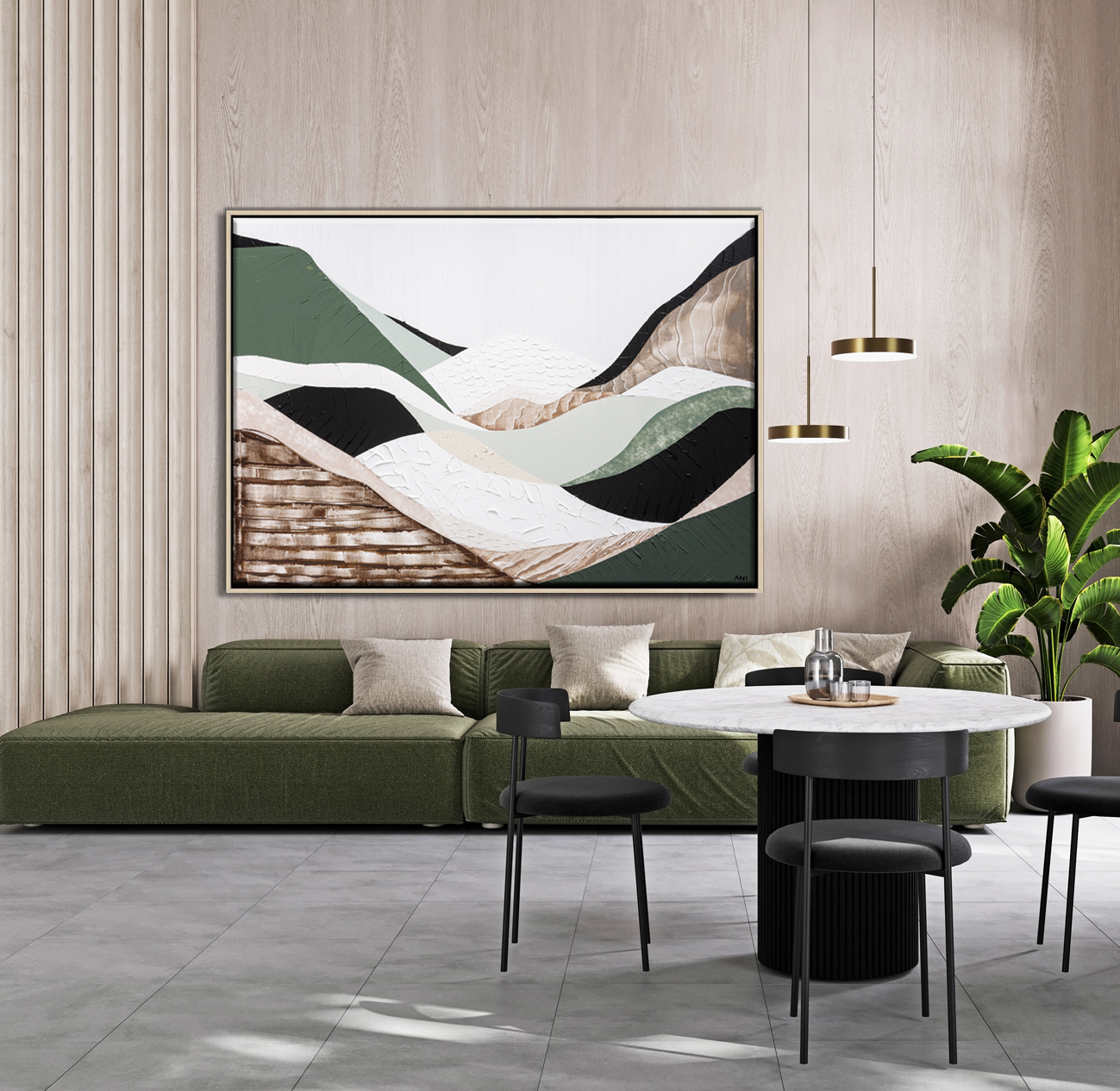 Minimalist Living Room Interior With Dining Area, Modern Green S