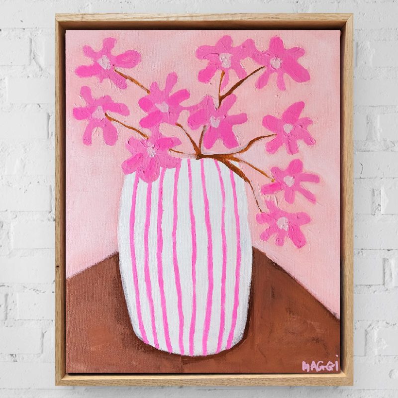 Pink Flowers In Stripe Vase