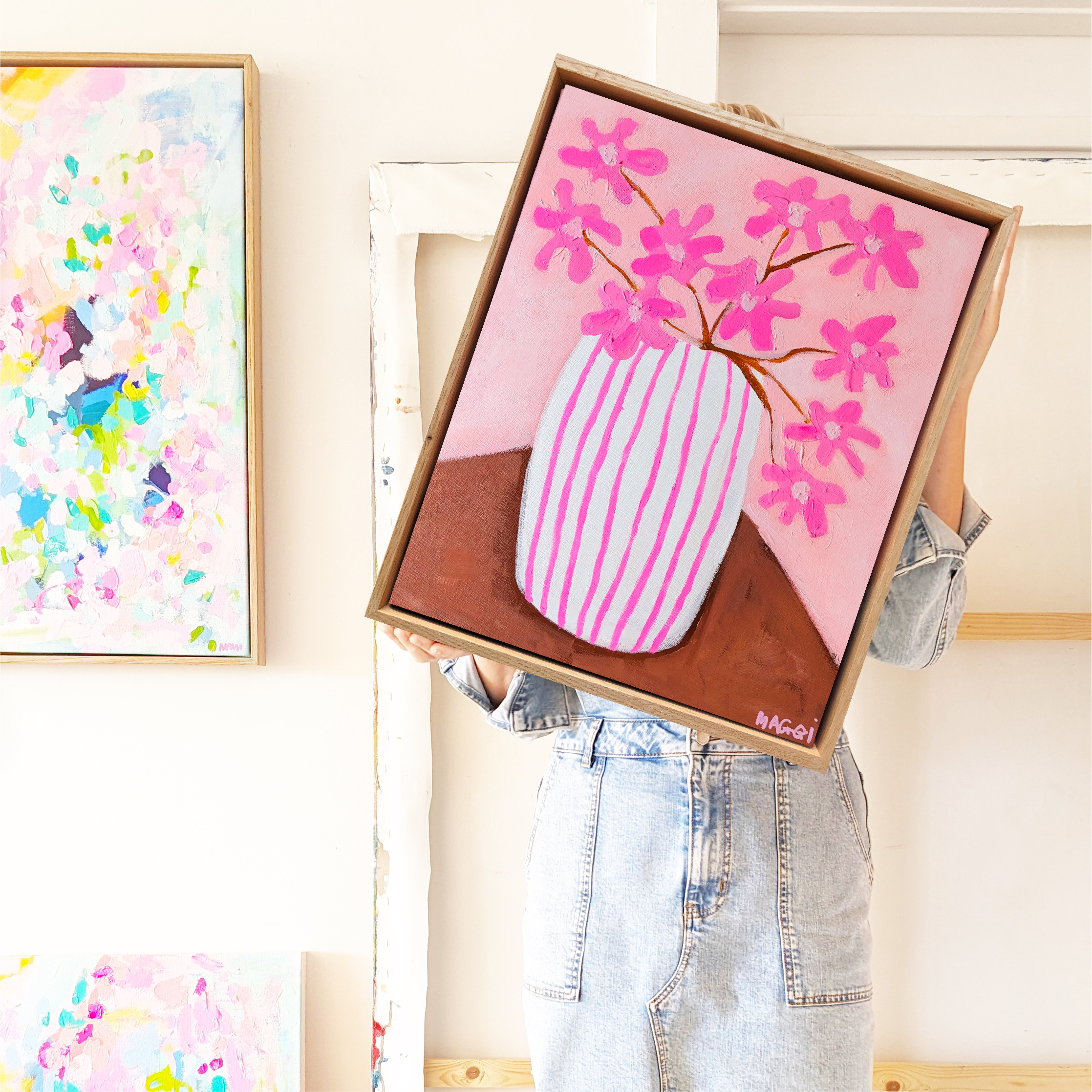 Pink Flowers In Stripe Vase Maggimcdonald 
