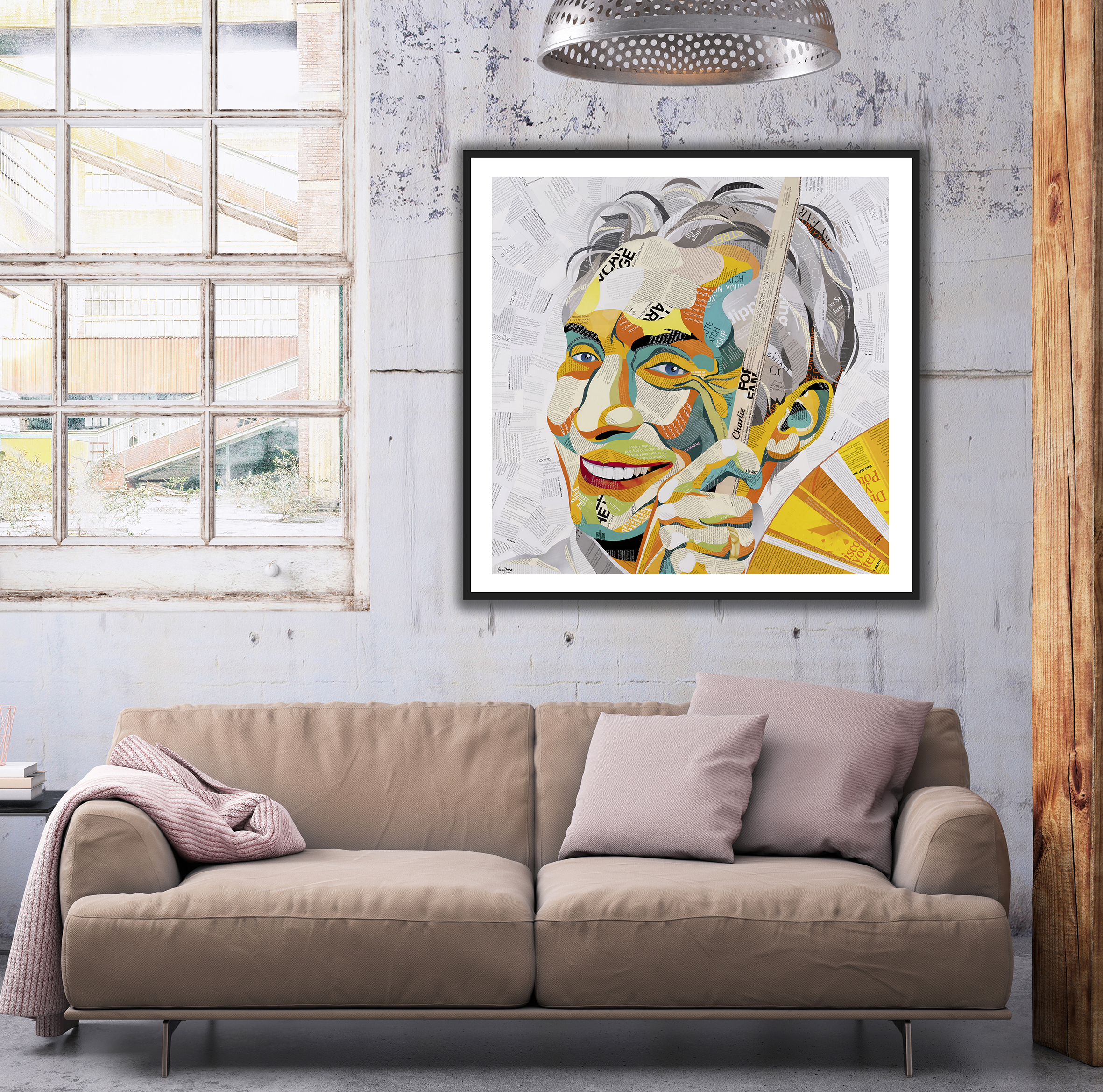 Pastel Colored Sofa With Window And Chandelier, Interior Template