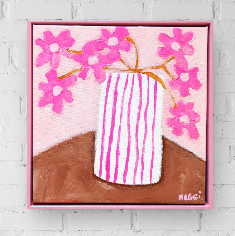 Pink Flowers In Stripey Vase
