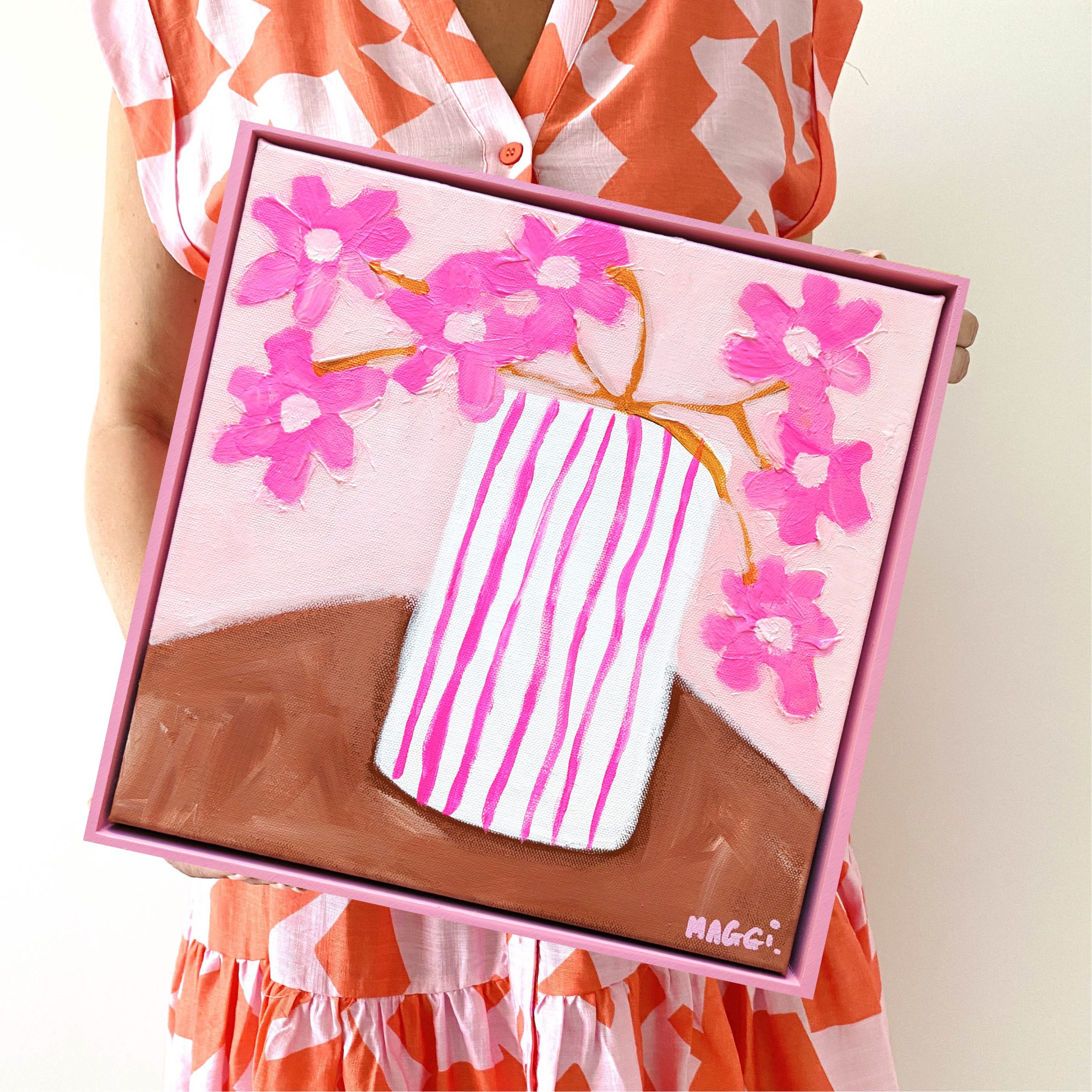 Pink Flowers In Stripey Pot Mmm