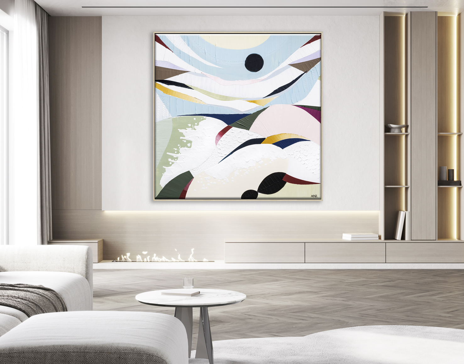 Scandinavian Minimalist Home Interior Design Of Modern Living Room. Grey Sofa Against Tv Unit, 3d Render