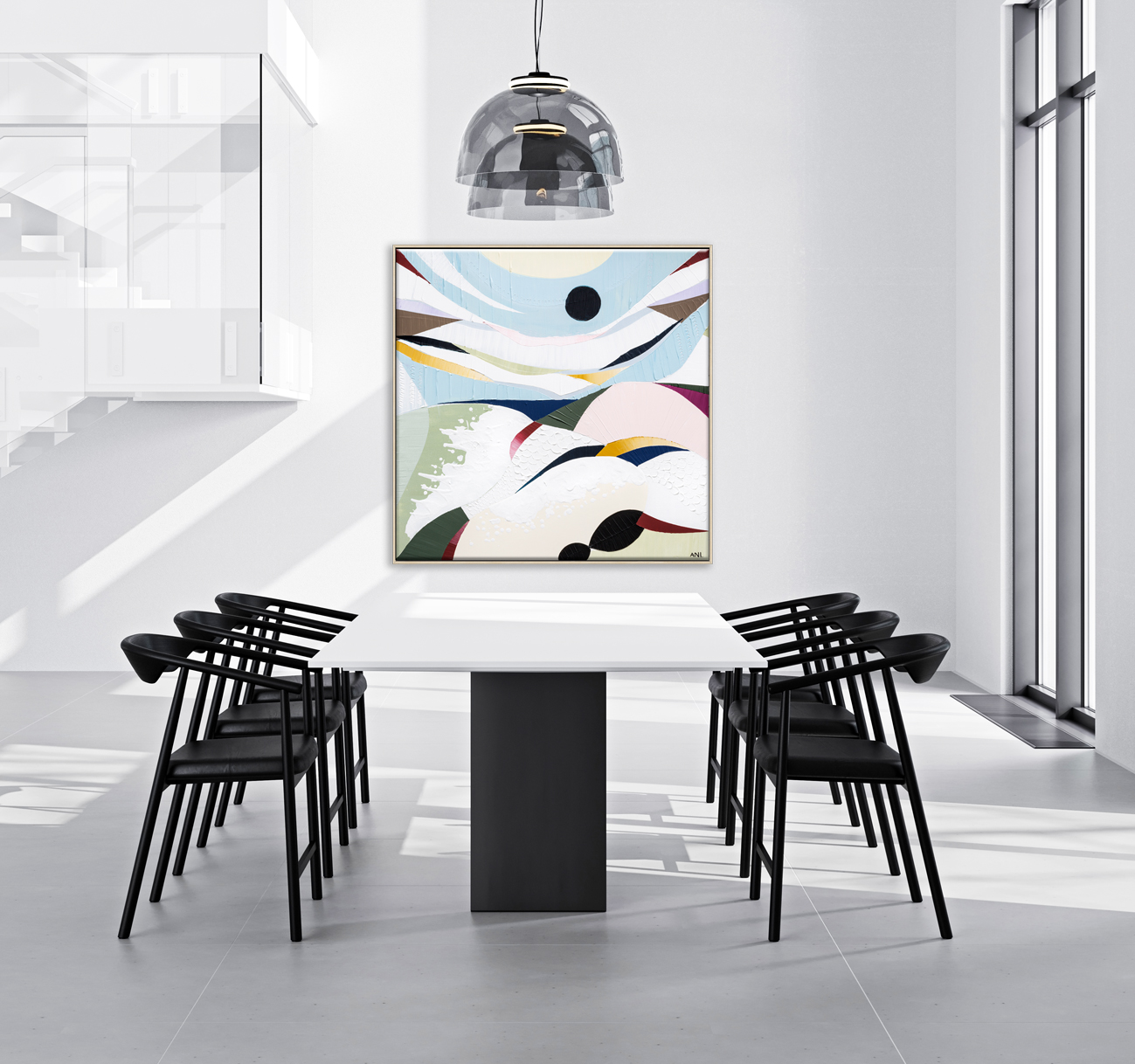 Minimalistic Modern Interior, Living Room With Dinning And Stair