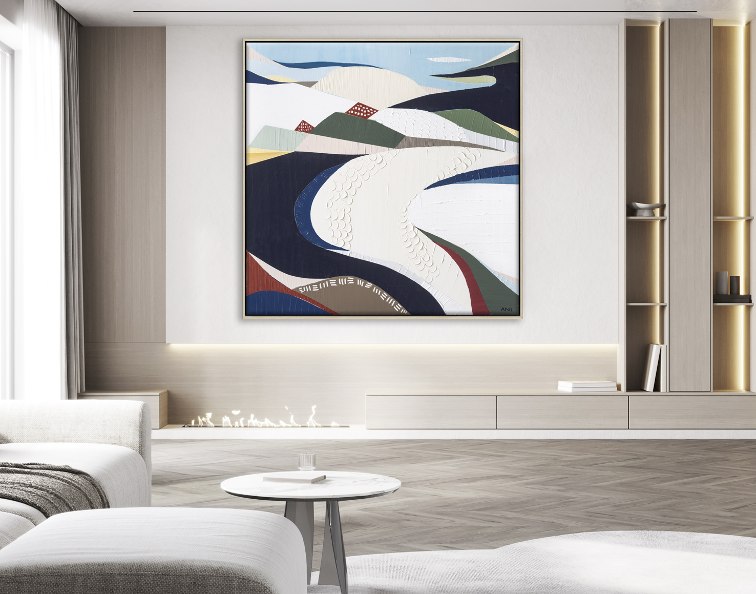 Scandinavian Minimalist Home Interior Design Of Modern Living Room. Grey Sofa Against Tv Unit, 3d Render