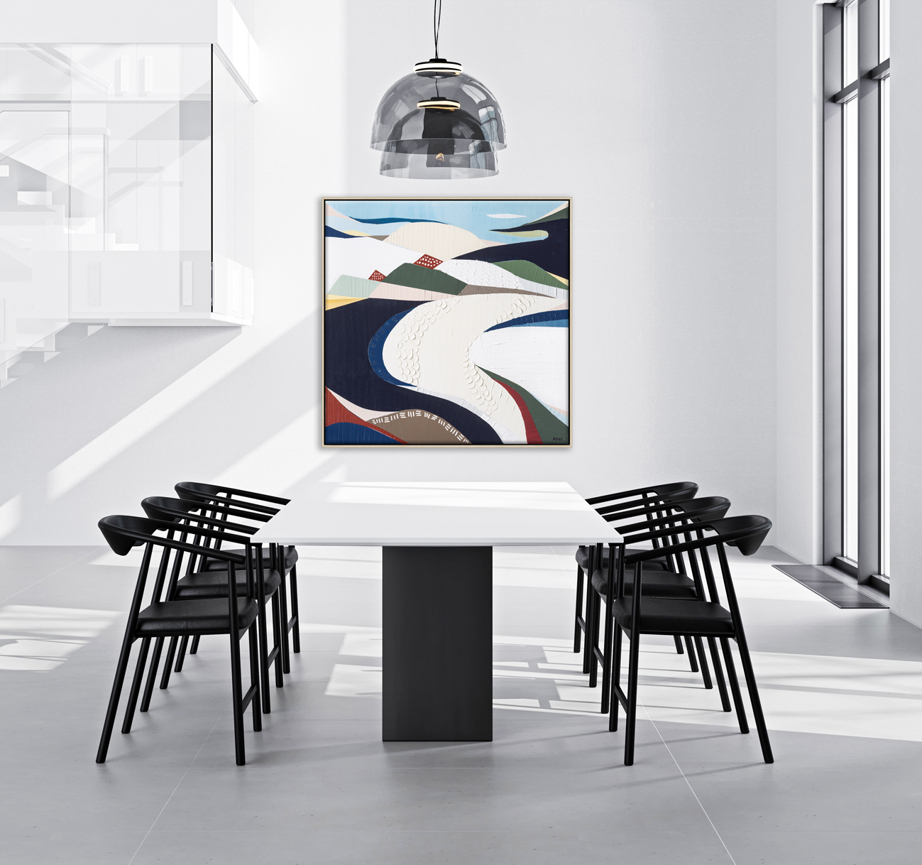 Minimalistic Modern Interior, Living Room With Dinning And Stair