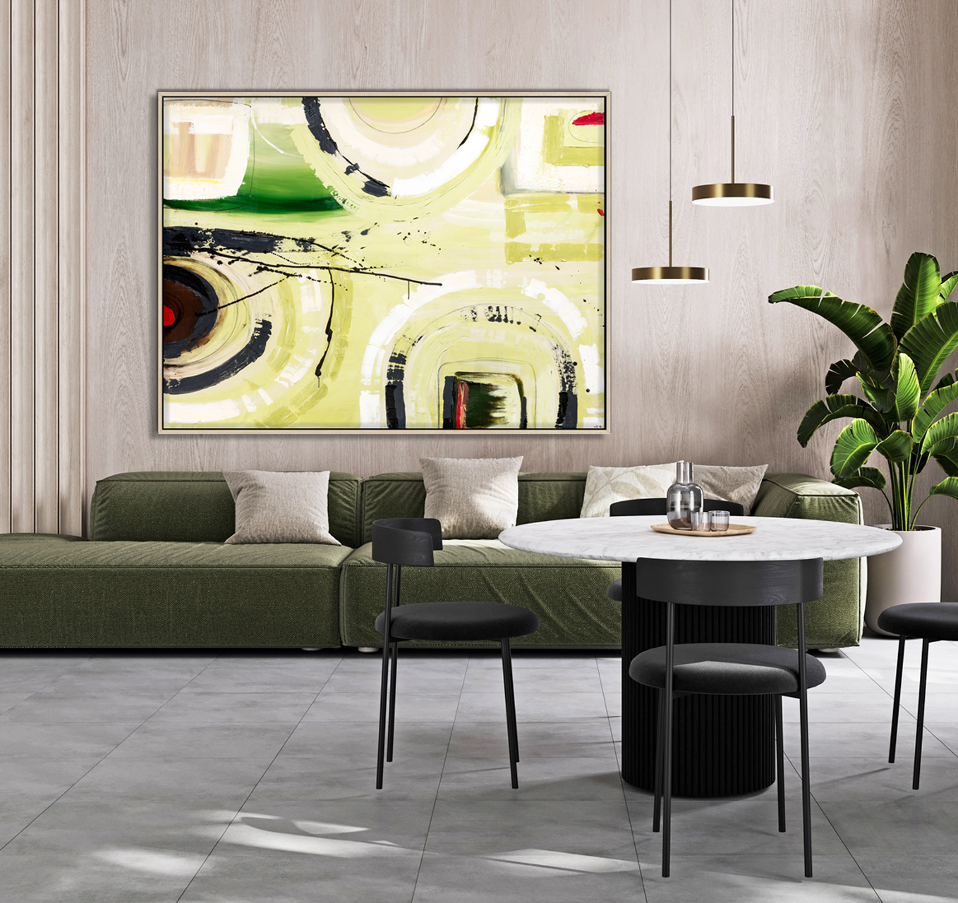 Minimalist Living Room Interior With Dining Area, Modern Green S