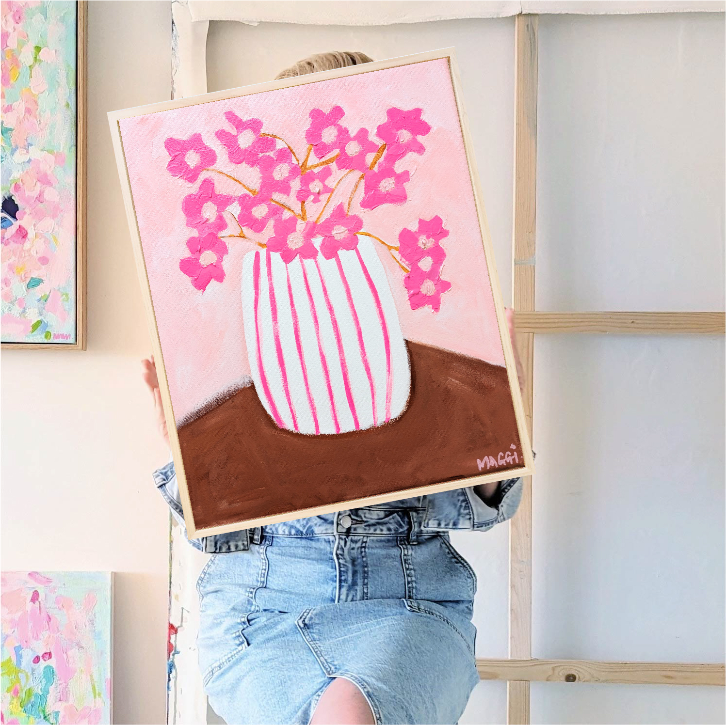 Pink Flowers In Pink Stripe Vase Mm