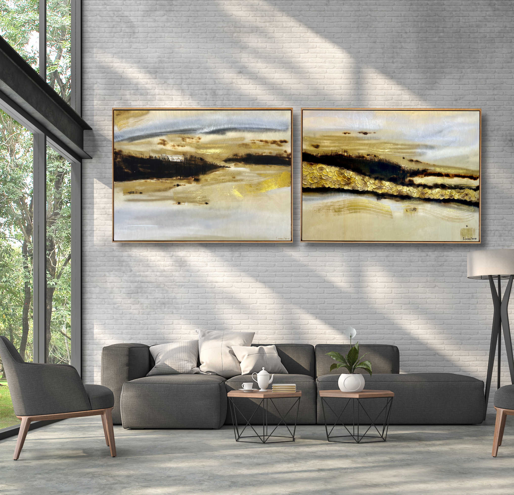 High Ceiling Loft Living Room With Nature View 3d Render