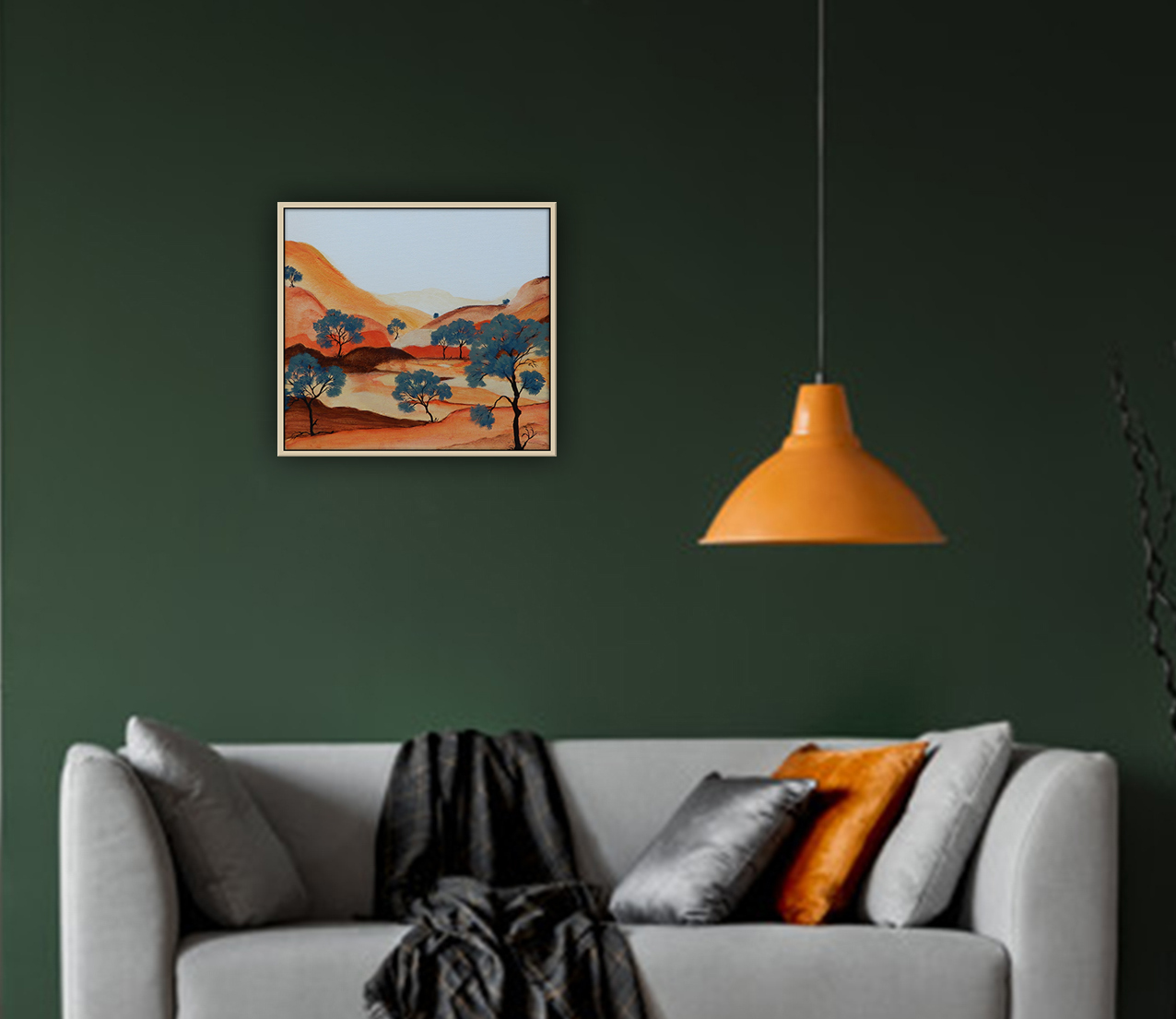 Orange Lamps Above Grey Couch In Black Living Room Interior With