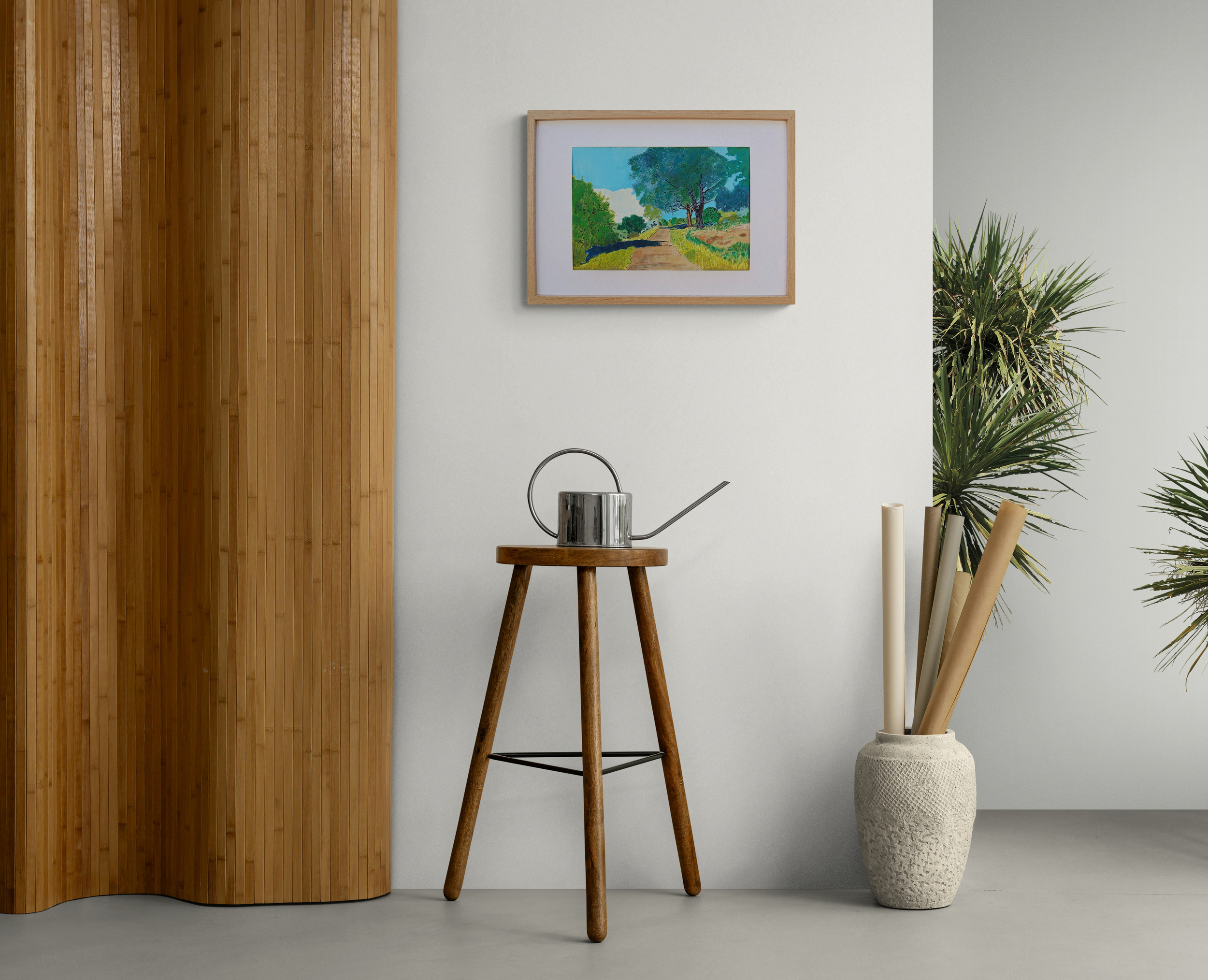 Minimal Room With A Wooden Screen And Stool