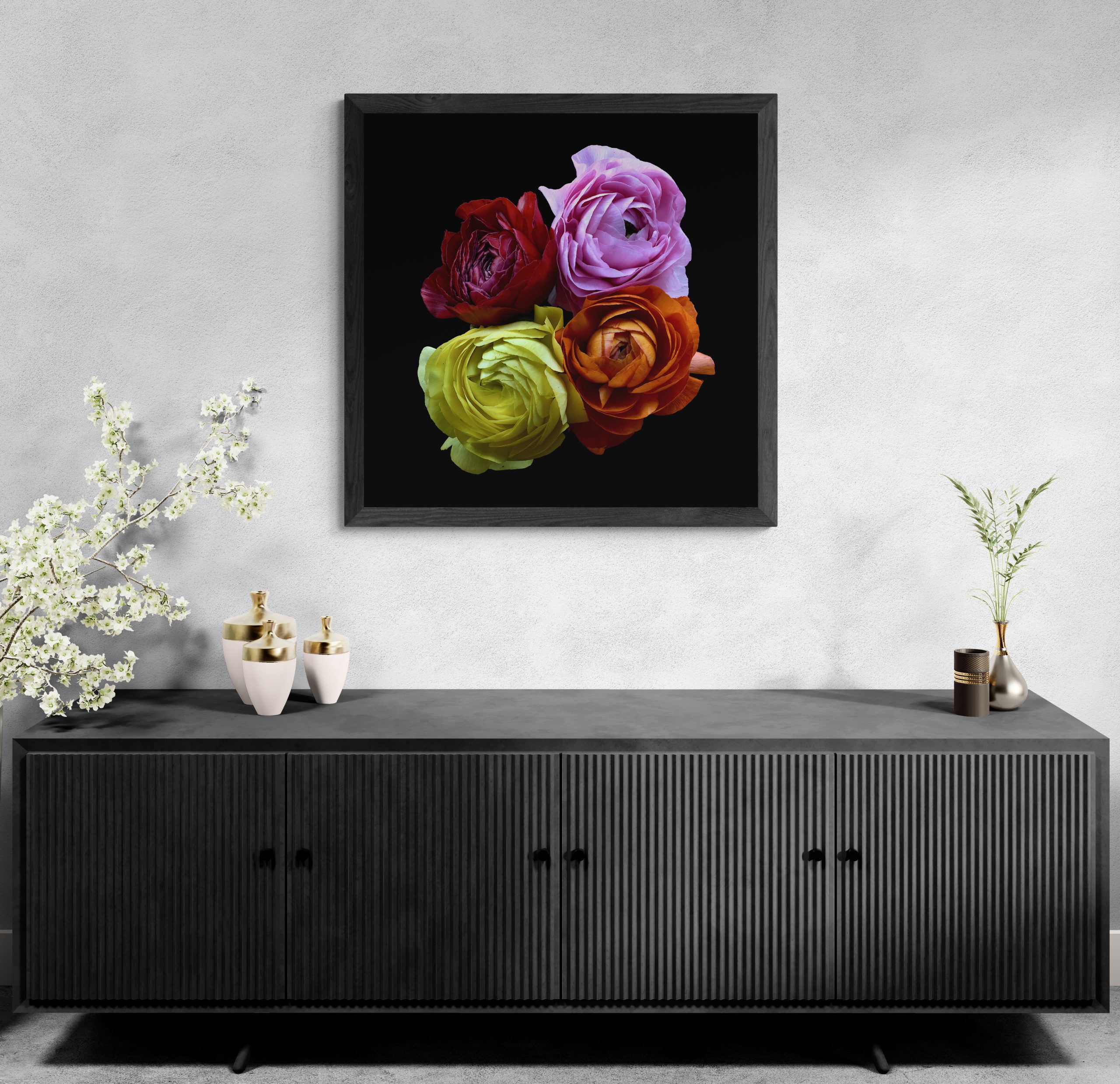 Living Room With A Large Cabinet And Plants