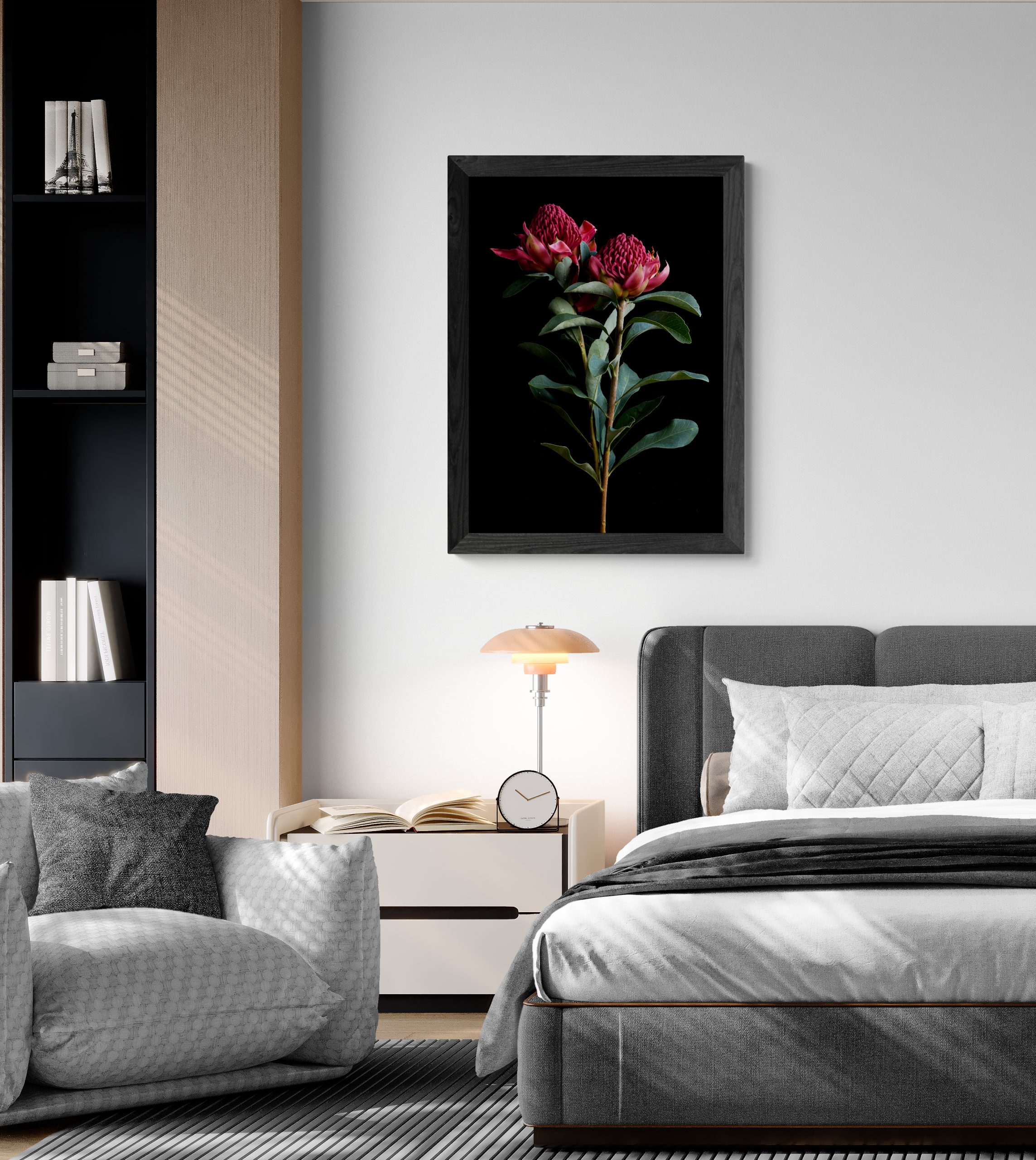 Modern Bedroom With A Large Bed And Armchair