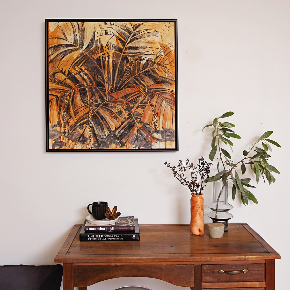 Lr 052 Walking Stick Palm Moment Iii Smith & Brooks Dark Coastal Interiors Charcoal Mixed Media