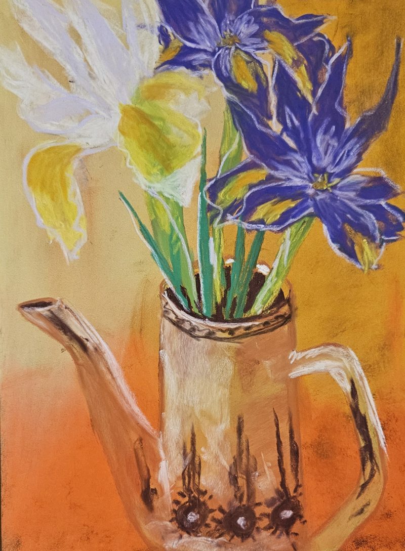 Still Life with 60s Vintage Coffee Pot and Irises