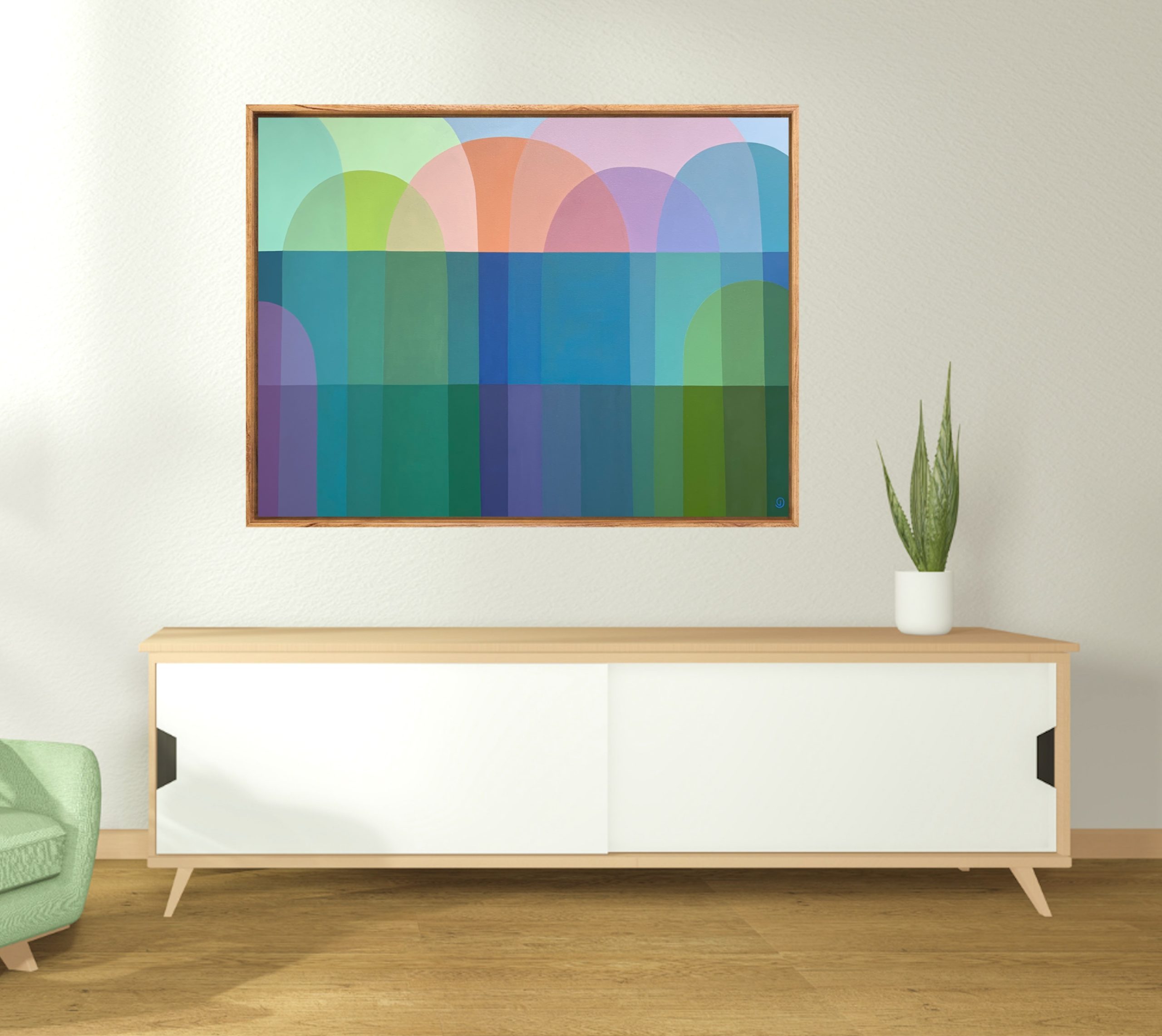 Charlotte De Pace Seaside Symphony Abstract Painting In Situ Above Console Art Lovers Australia