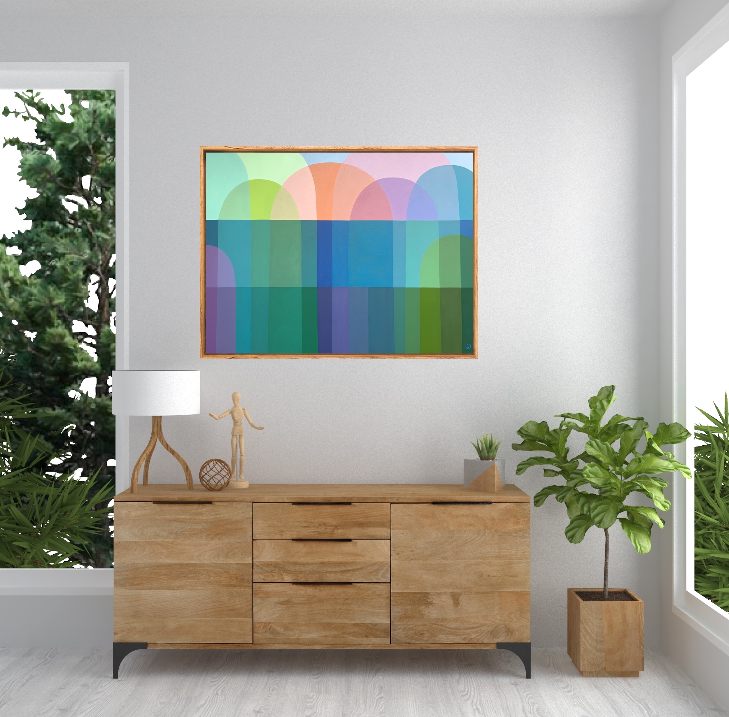 Charlotte De Pace Seaside Symphony Abstract Painting In Situ Above Sideboard Art Lovers Australia