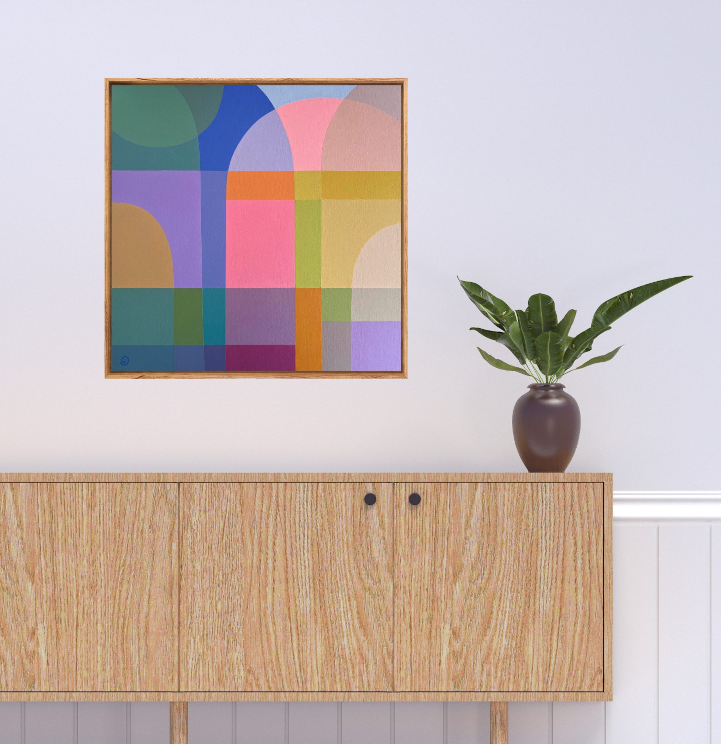 Charlotte De Pace Beach Weekend Abstract Painting Insitu Above Sideboard Art Lovers Australia