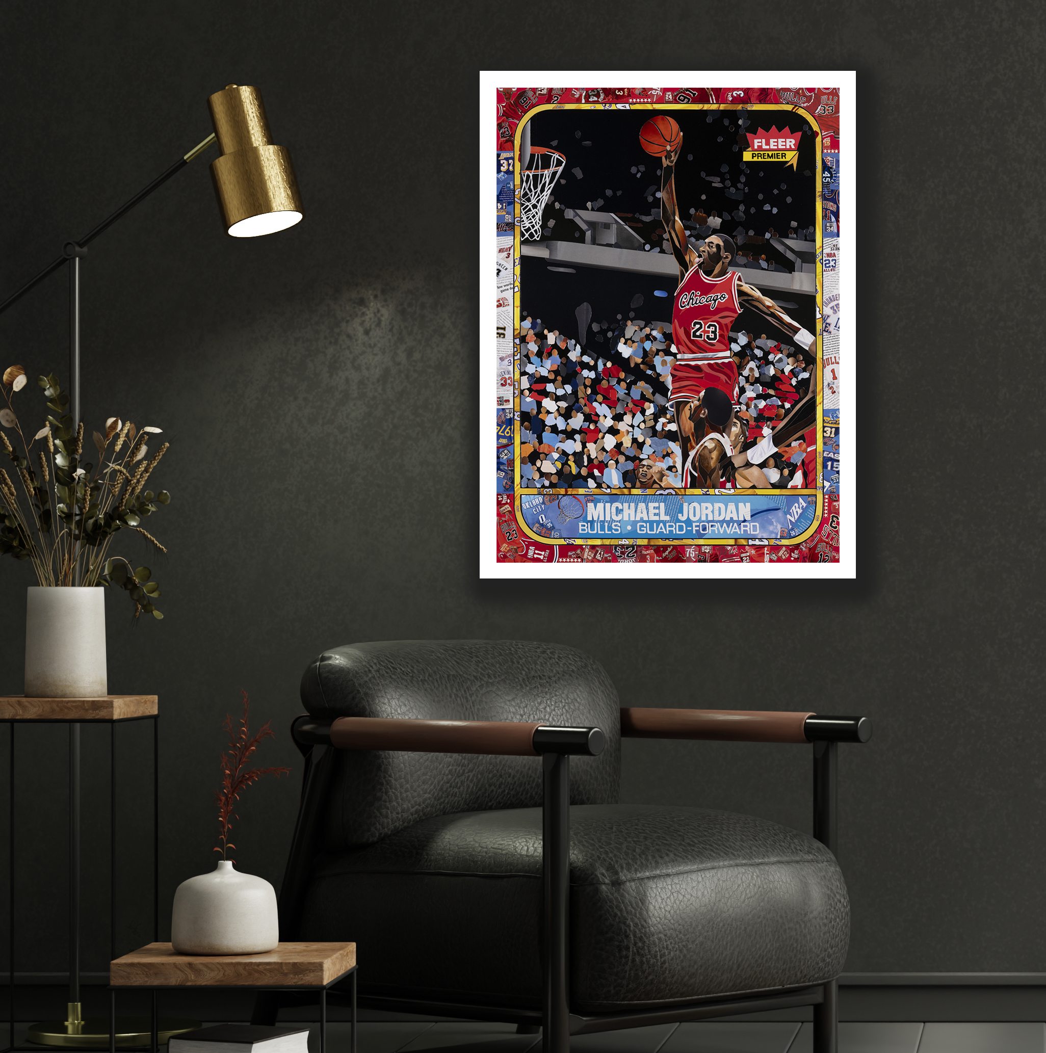 Wall Mockup In Black Tones With Leather Armchair On Dark Wall.