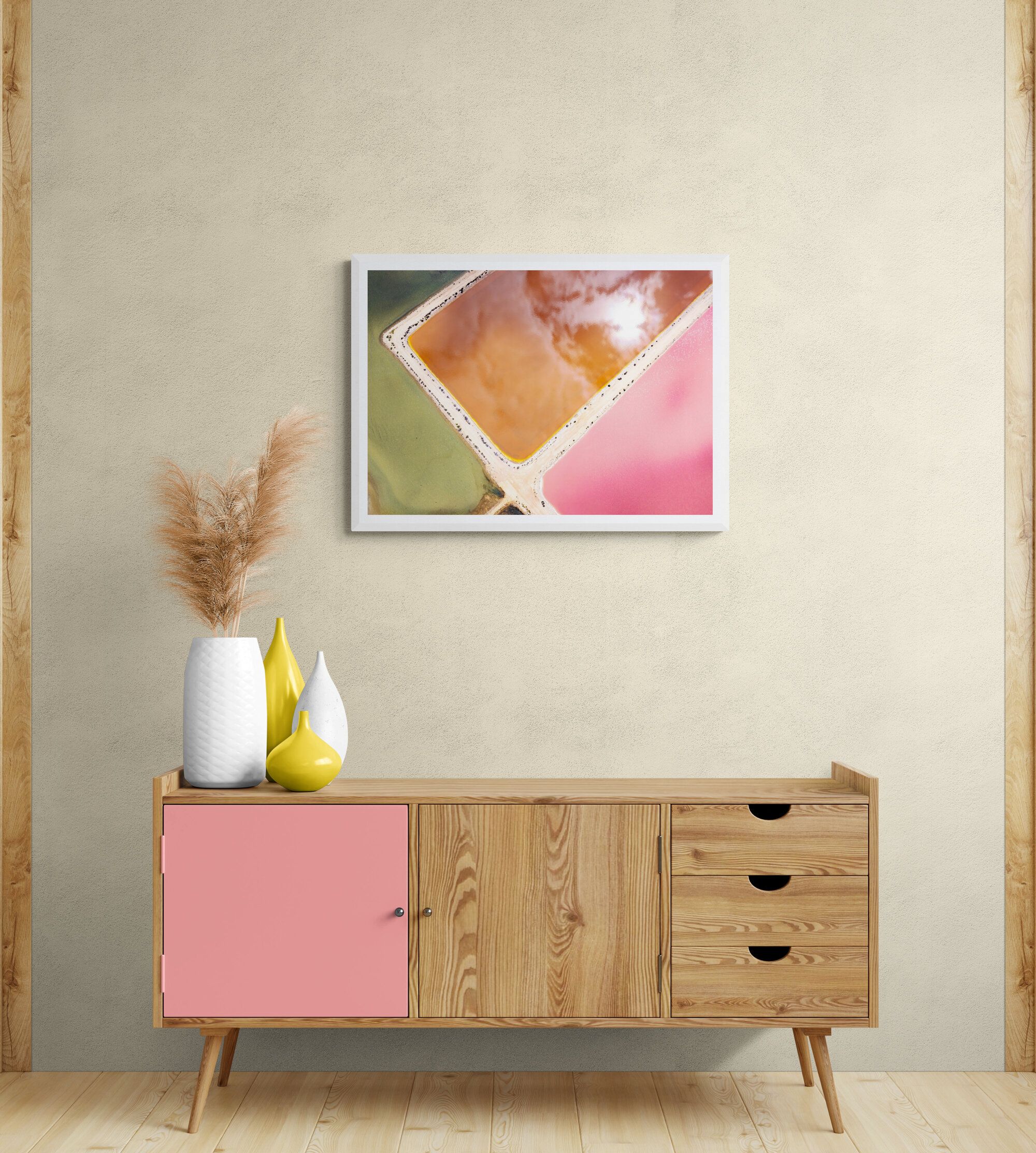 Ceramic Vases Sitting On A Wooden Cabinet