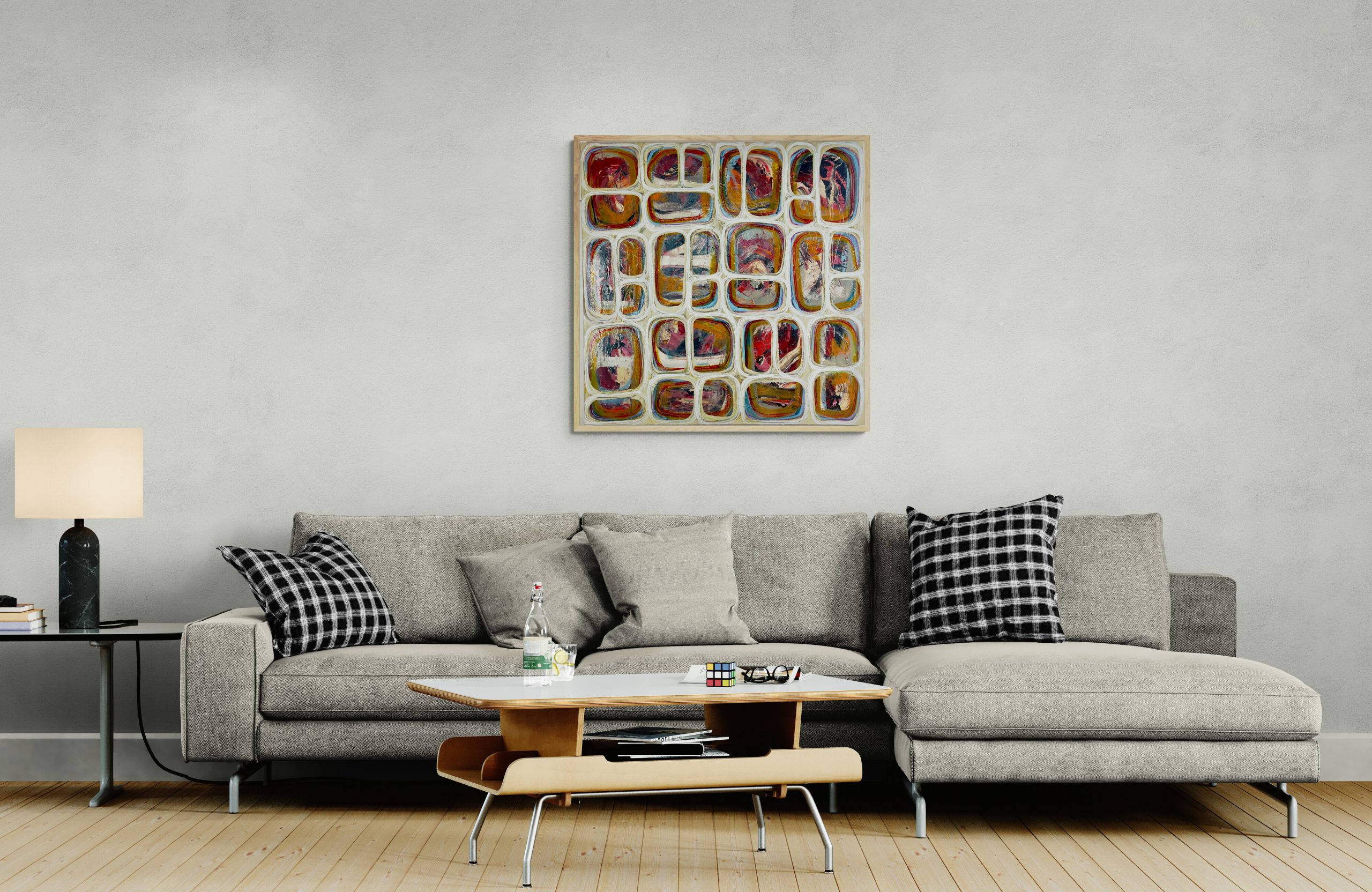 Living Room With A Sofa And A Unique Coffee Table