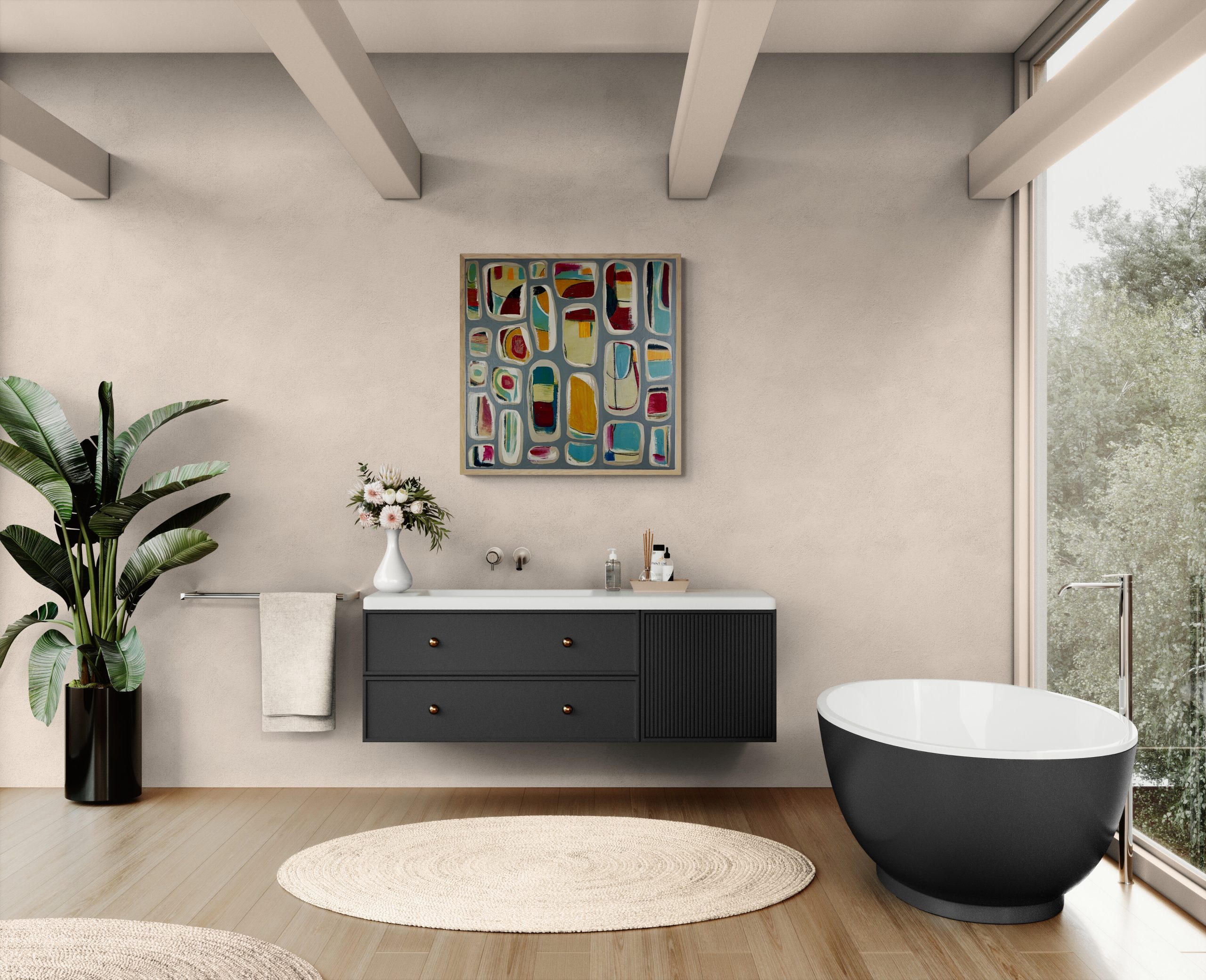 Modern Bathroom With A Tub And Forest Views