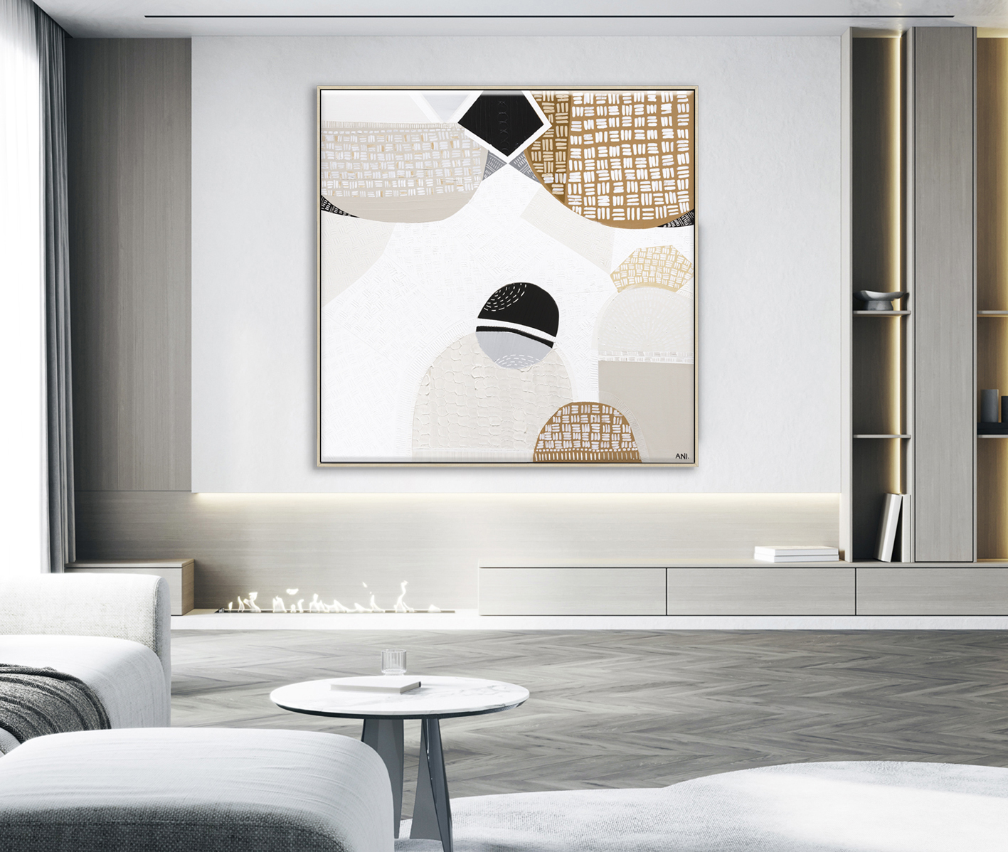 Scandinavian Minimalist Home Interior Design Of Modern Living Room. Grey Sofa Against Tv Unit, 3d Render