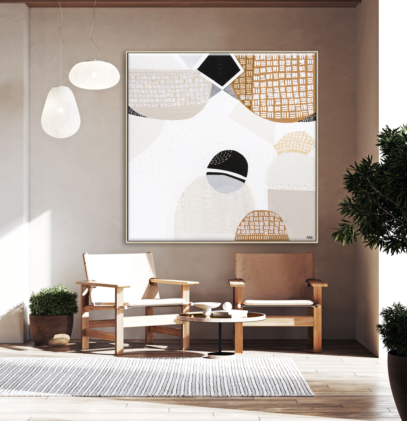 Room With Beige Plaster Wall And Wooden Floor With Modern Armcha