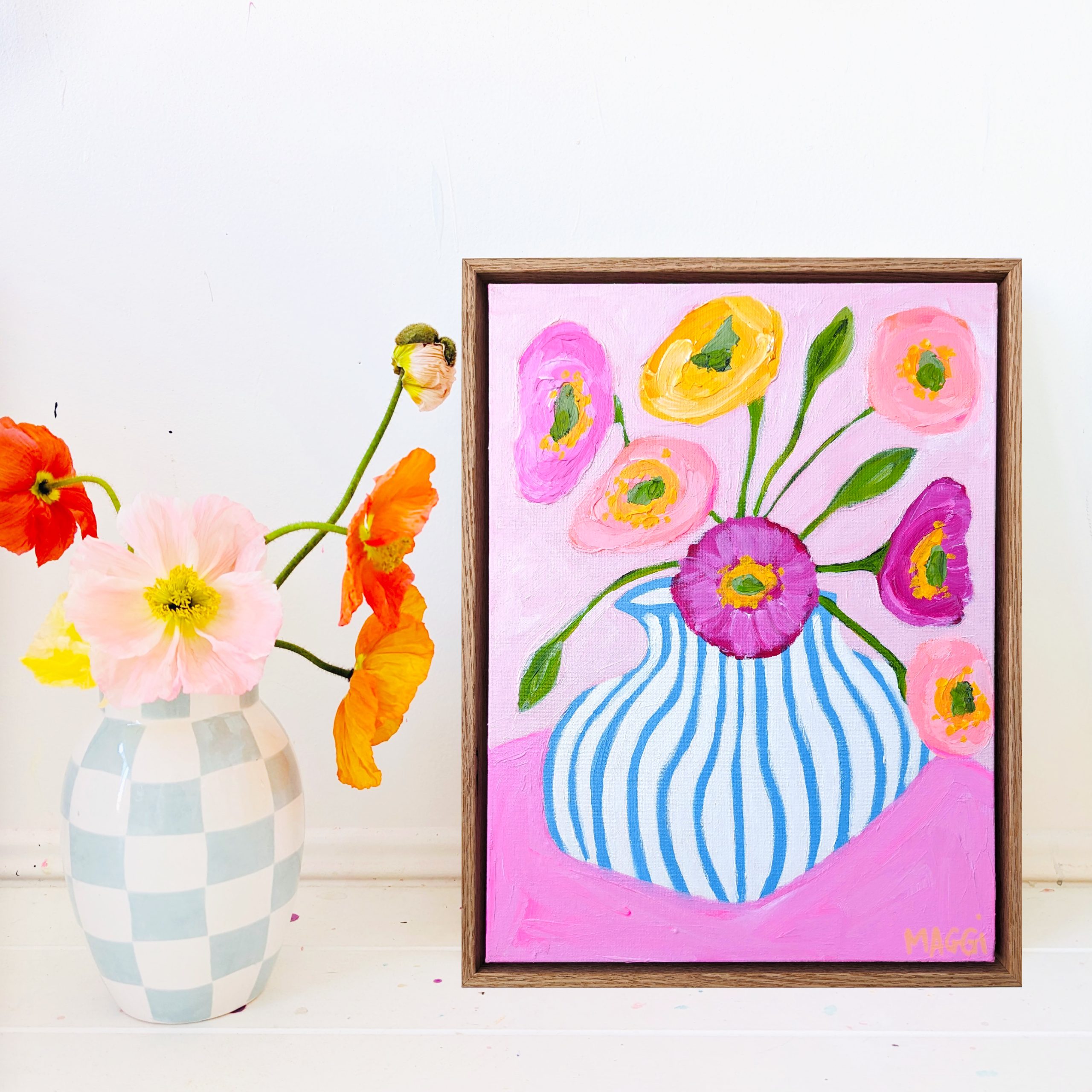 Poppies In Blues Stripes In Situ