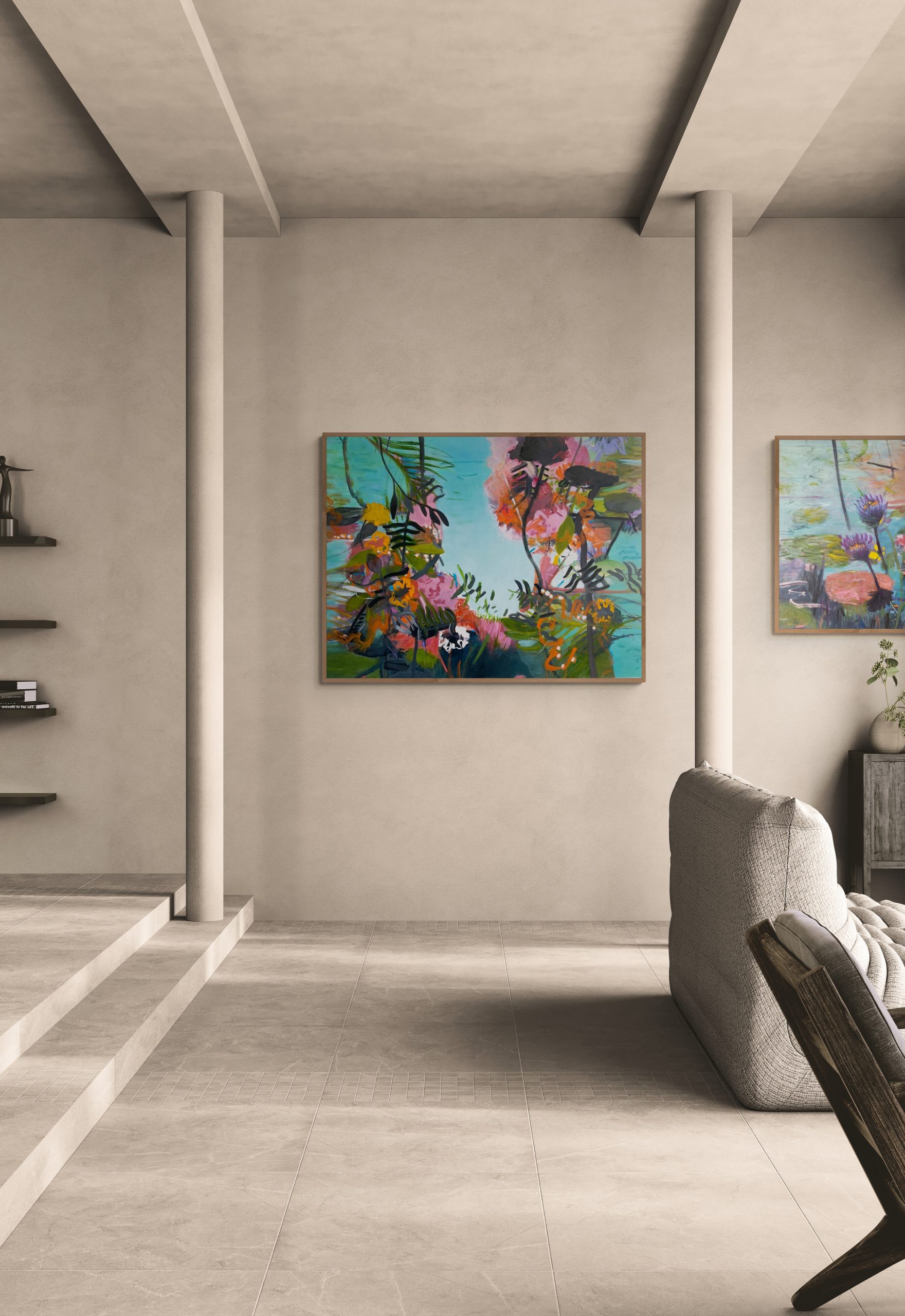 Large Open Living Room With Pillars