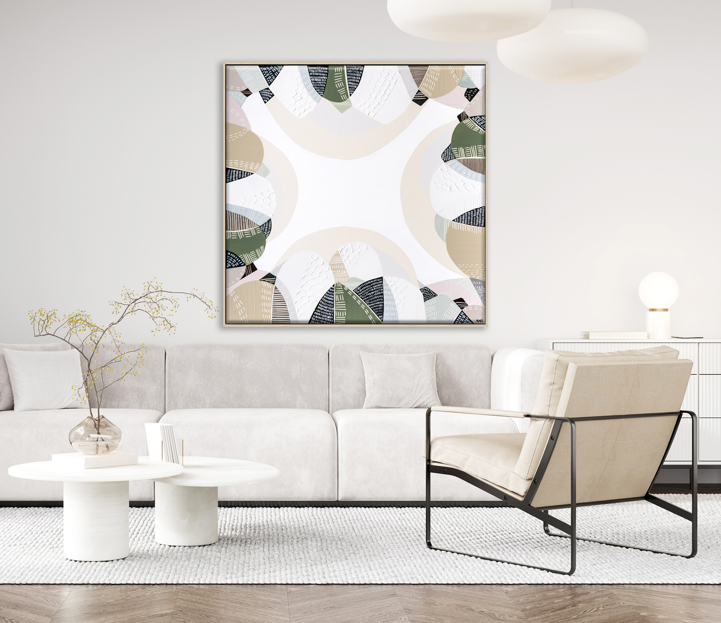 Modern Light Living Room Interior Mockup With White Sofa And Arm