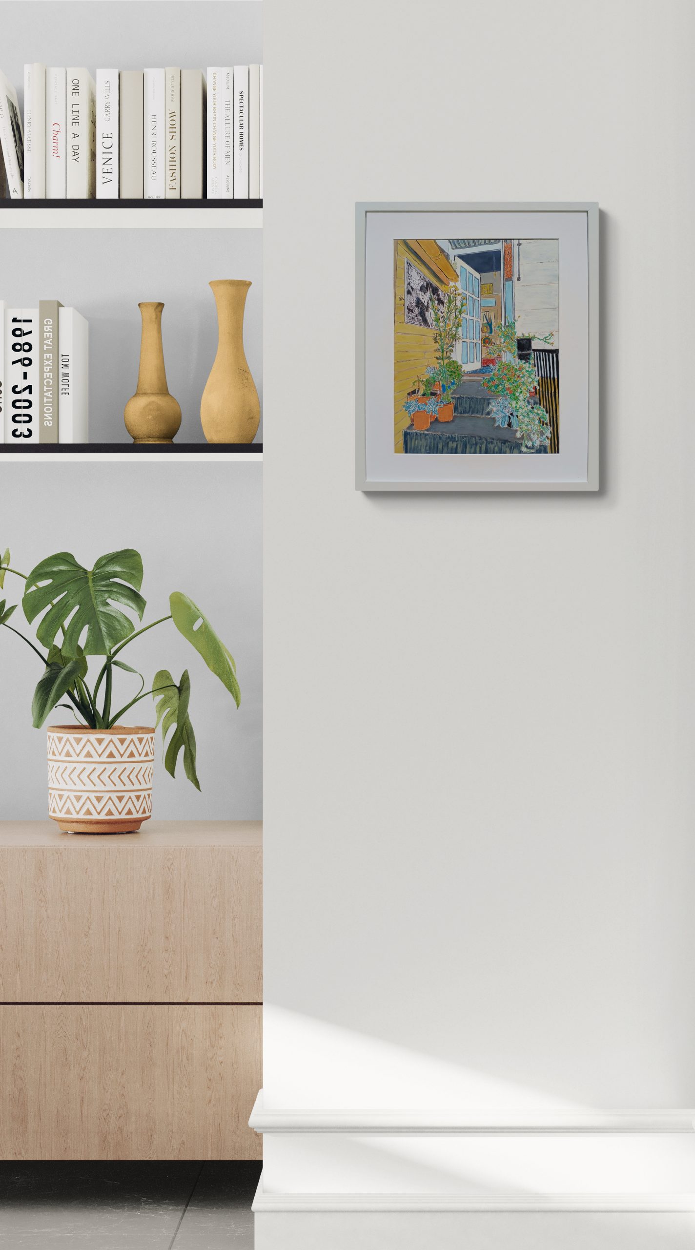 Living Room Corner With A Cabinet And Shelving