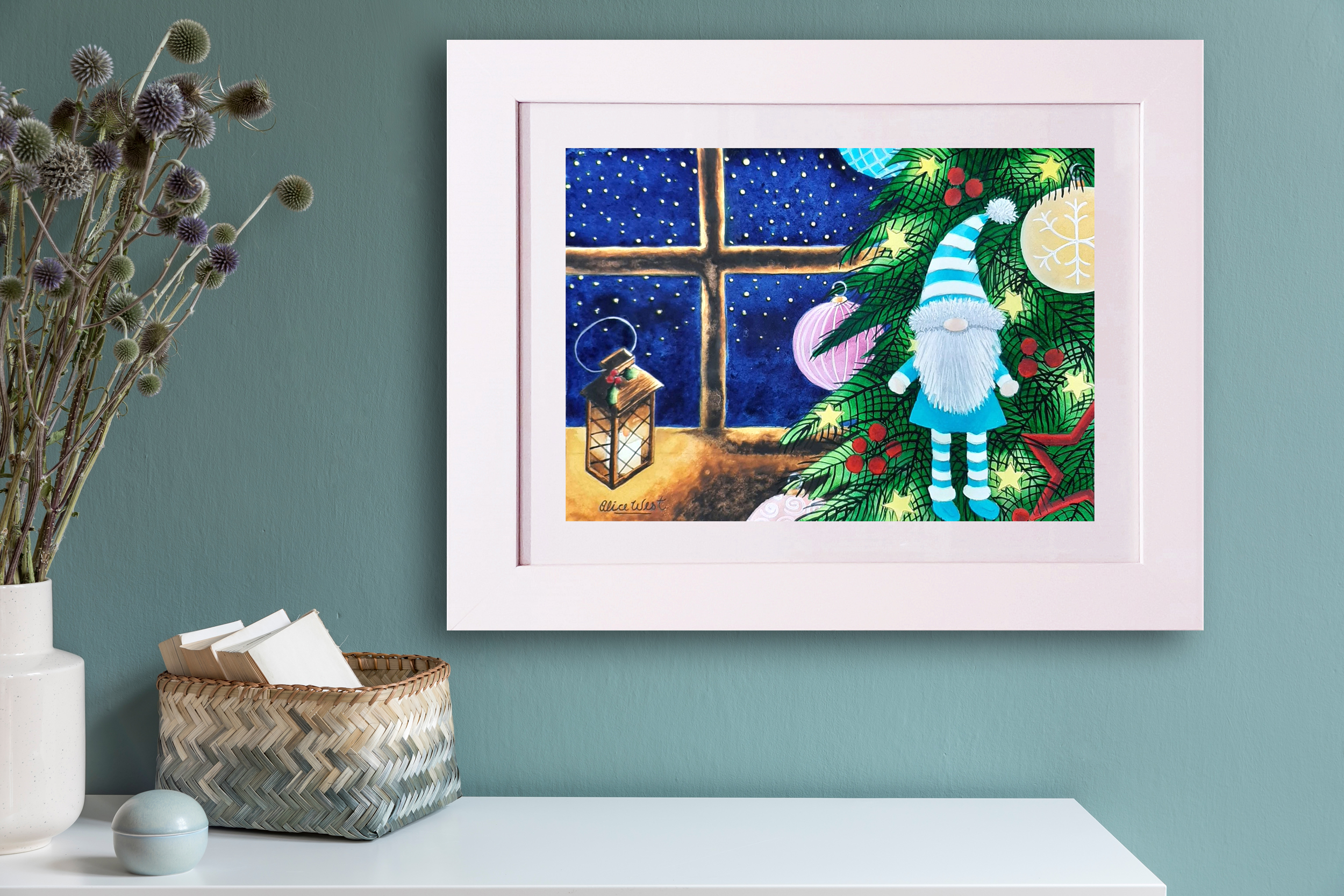 Minimalistic Interior Design Of Living Room At Nice Apartment With Stylish Shelf, Vase With Flowers, Rattan Basket With Books And Elegant Accessories. Copy Space. Eucalyptus Color Concept. Template.